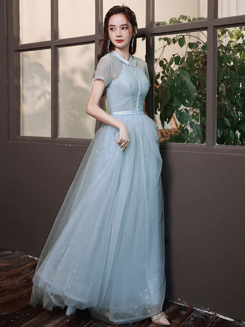 Elegant Blue A-Line Tulle Long Prom Dress for Women - Formal Evening Gown for Homecoming, Wedding, and Special Occasions