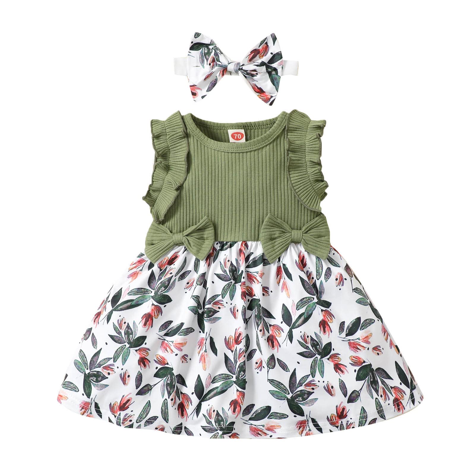 Toddler Girls Sleeveless Ribbed Bowknot Dress Set with Floral Print & Headband - Princess Party Outfit, Summer Playdate, Photoshoot & Special Occasion Wear
