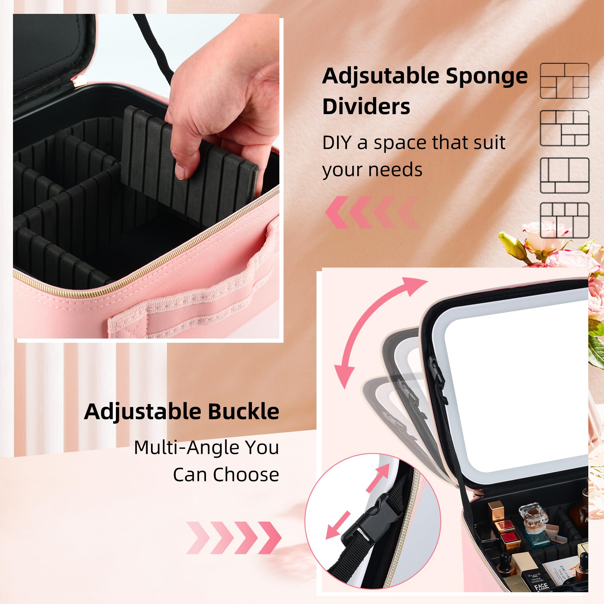 LED Makeup Bag with Lighted Mirror - Portable Travel Cosmetic Organizer with Adjustable Dividers, Waterproof Makeup Train Case for Women | Perfect for Travel, Home Use & Professional Makeup Artists (Pink)