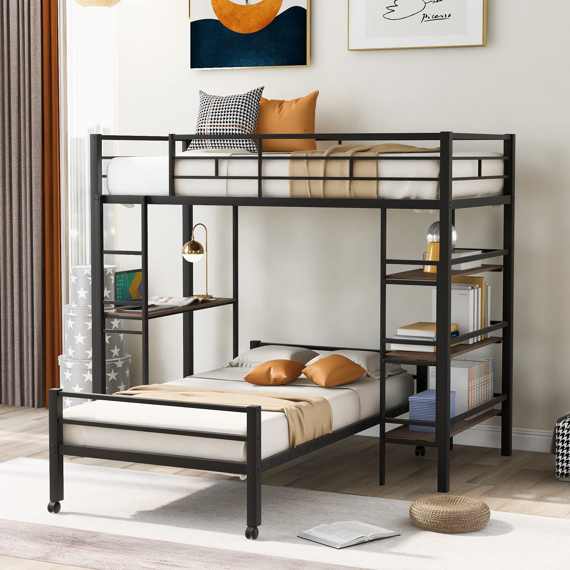 Bellemave Twin Over Twin Metal Bunk Bed with Study Desk & Storage Shelves - Convertible to Loft Bed or Platform Bed - Space Saving Kids Bedroom Furniture for Small Rooms, Dorms & Apartments (Black)