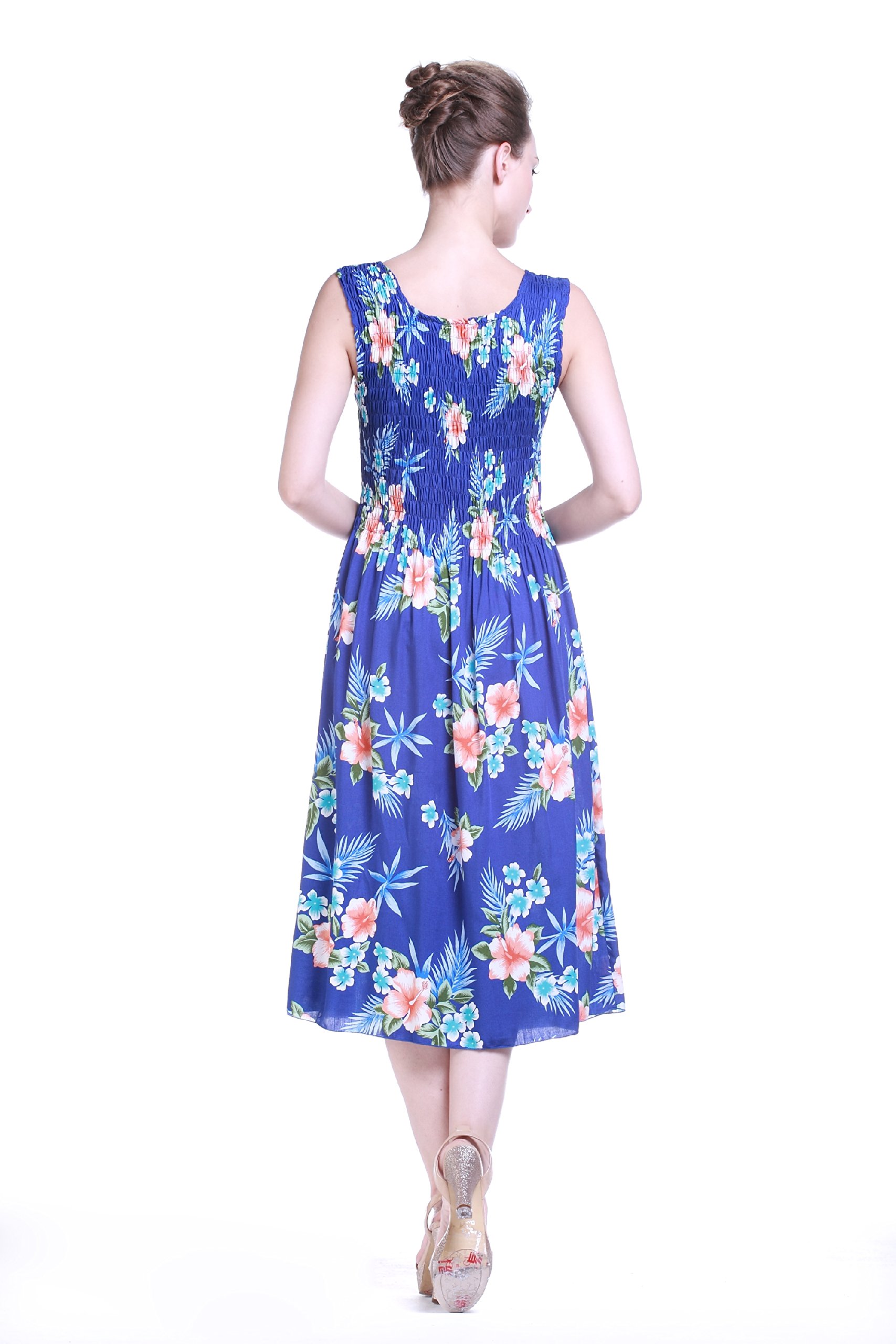 Mother & Daughter Matching Hawaiian Luau Tank Dress - Stretchy Elastic Round Neck Ruffle Floral Dress in Hibiscus Blue for Beach Vacation & Summer Outfits