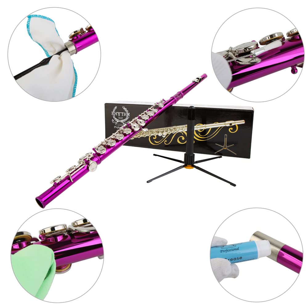 16 Keys C Flute with Engraved Flower Design - Closed Hole Student Flute for Beginners | Includes Cleaning Kit, Stand, Carrying Case, Gloves & Tuning Rod | Perfect for School Band, Music Practice & Gift (Pink)