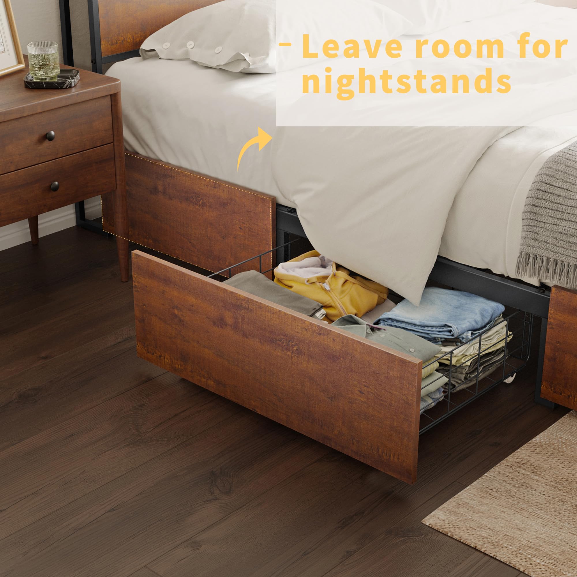 HAUSOURCE Queen Size Bed Frame with Storage Headboard, 4 Drawers & LED Lights - Sturdy Metal Platform Bed with Non-Slip Design & Quiet Mattress Foundation - No Box Spring Needed - Perfect for Small Bedrooms, Guest Rooms & Apartments