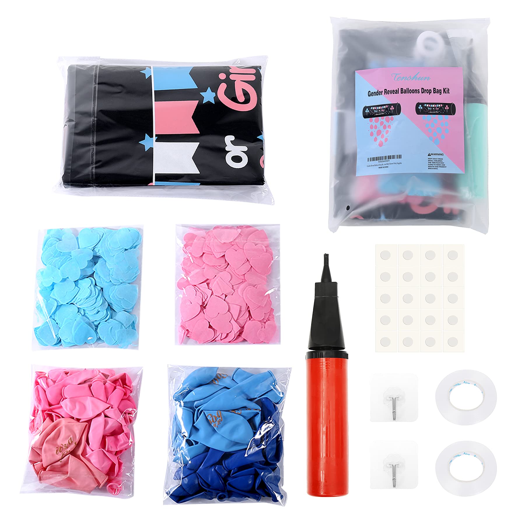 Tenshun Gender Reveal Party Kit - 1 Balloon Drop Bag, 40 Pink & Blue Balloons, Confetti, Air Pump, Ribbons & Hooks for Baby Shower, Gender Announcement Celebration - Perfect for Indoor & Outdoor Parties