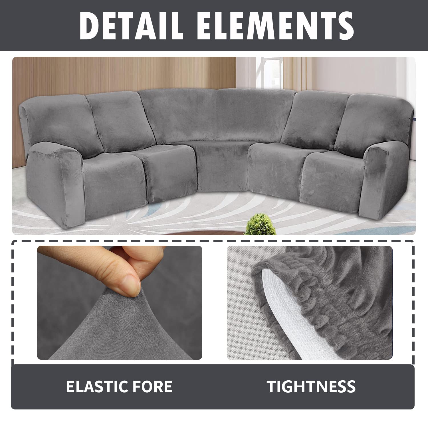 ELEOPTION 5-Seat Sectional Recliner Cover - Velvet Stretch Sofa Slipcover for L-Shaped Corner Reclining Couch - 7-Piece Washable Furniture Protector (Grey) - Perfect for Living Room, Home Theater & Family Gatherings