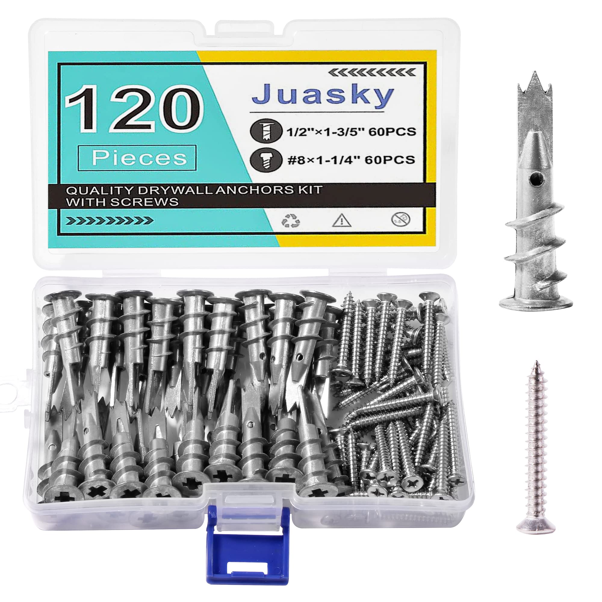 120Pcs Self Drilling Metal Drywall Anchors with Screws - Heavy Duty Wall Anchors Kit for Wood, Plastic & Drywall - Perfect for Hanging Shelves, Pictures & Home Decor