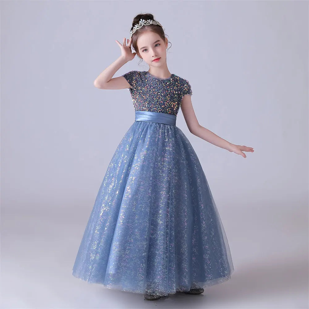 Sparkling Blue Tulle Bow Sequin Flower Girl Dress - Elegant O-Neck Princess Gown for Kids Birthday & Formal Occasions | Perfect for Weddings, Pageants & Special Events