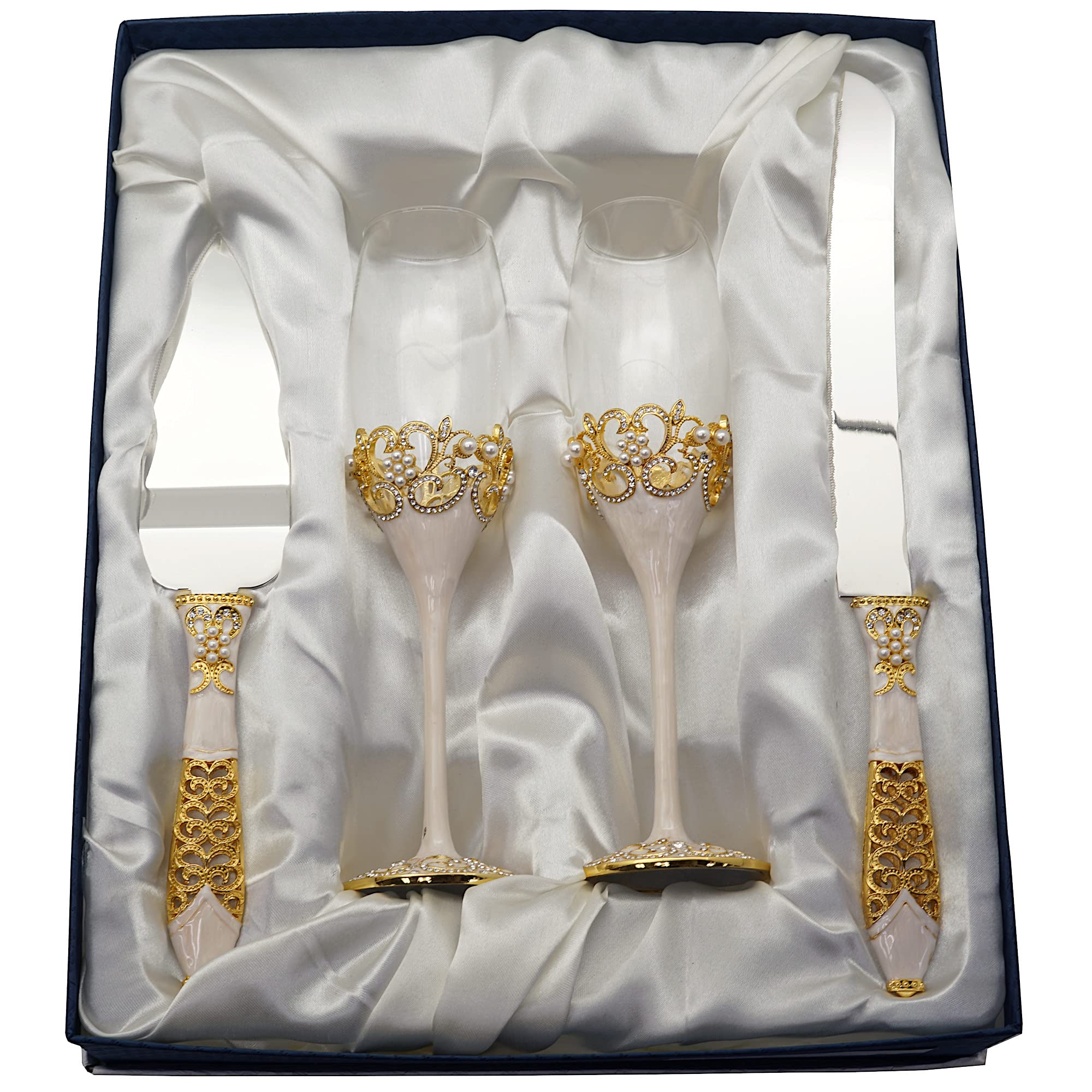 Lassos Boutique 4-Piece Wedding Champagne Flutes & Cake Knife Set - Gold Plated Bridal Shower, Anniversary, and Reception Toasting Essentials for Romantic Celebrations