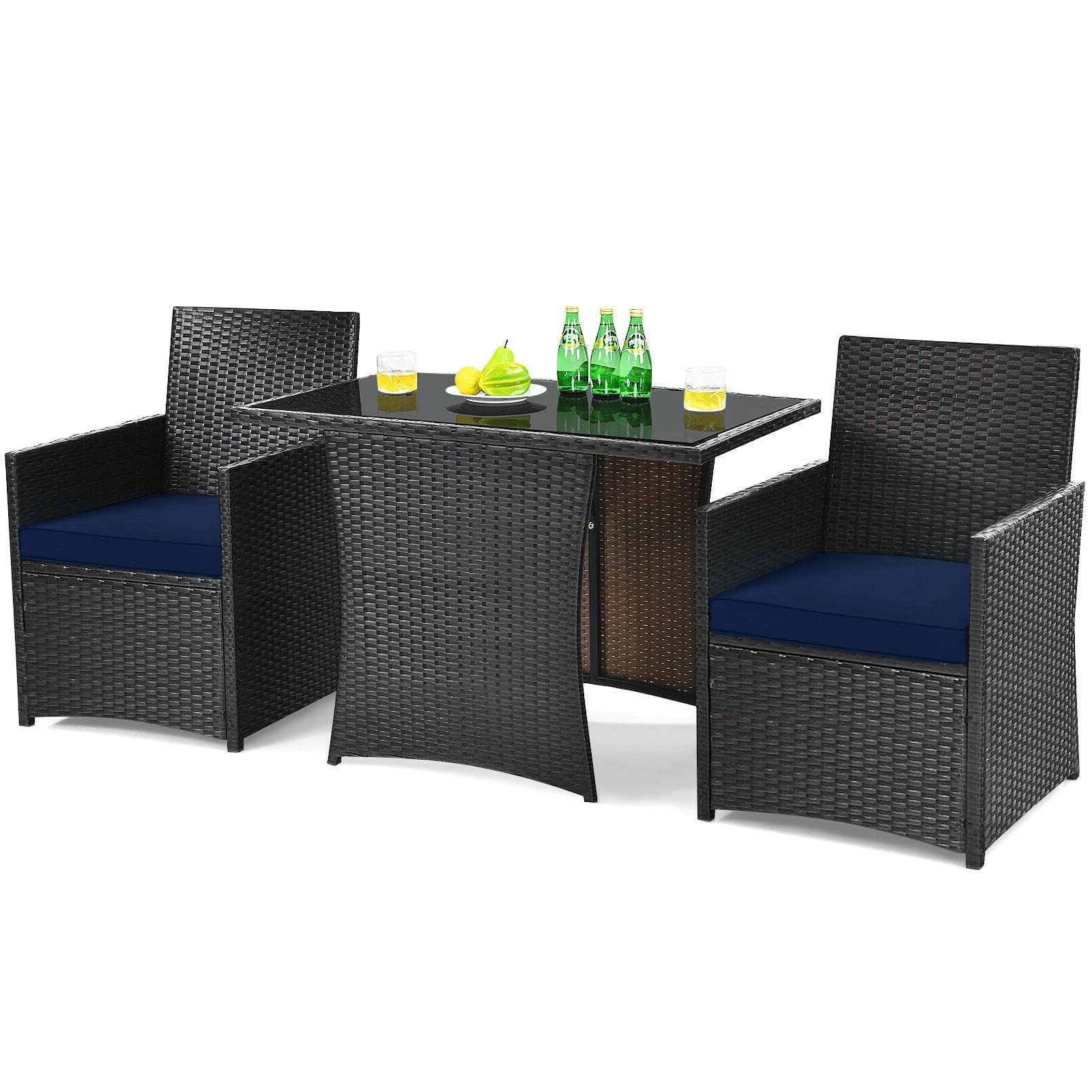 Navy Blue 3-Piece PE Rattan Patio Conversation Set - Outdoor Dining Bistro Set with 2 Single Sofas & Glass-Top Coffee Table - Ergonomic Backrest & Space-Saving Design (Chairs Fit Under Table) - Perfect for Backyard, Garden, Poolside & Small Balcony Relaxation