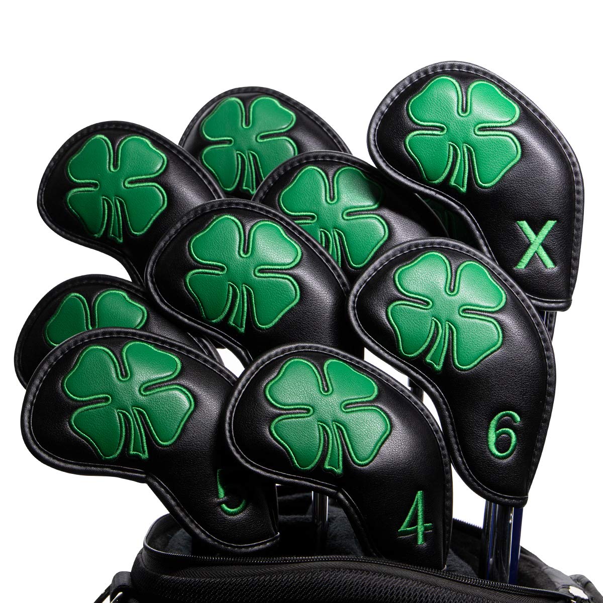 Premium Leather Golf Iron Head Covers Set of 10 - Lucky Clover Design with Magic Tape for All Brand Clubs | Protective Club Covers for Golf Bags & Travel Cases