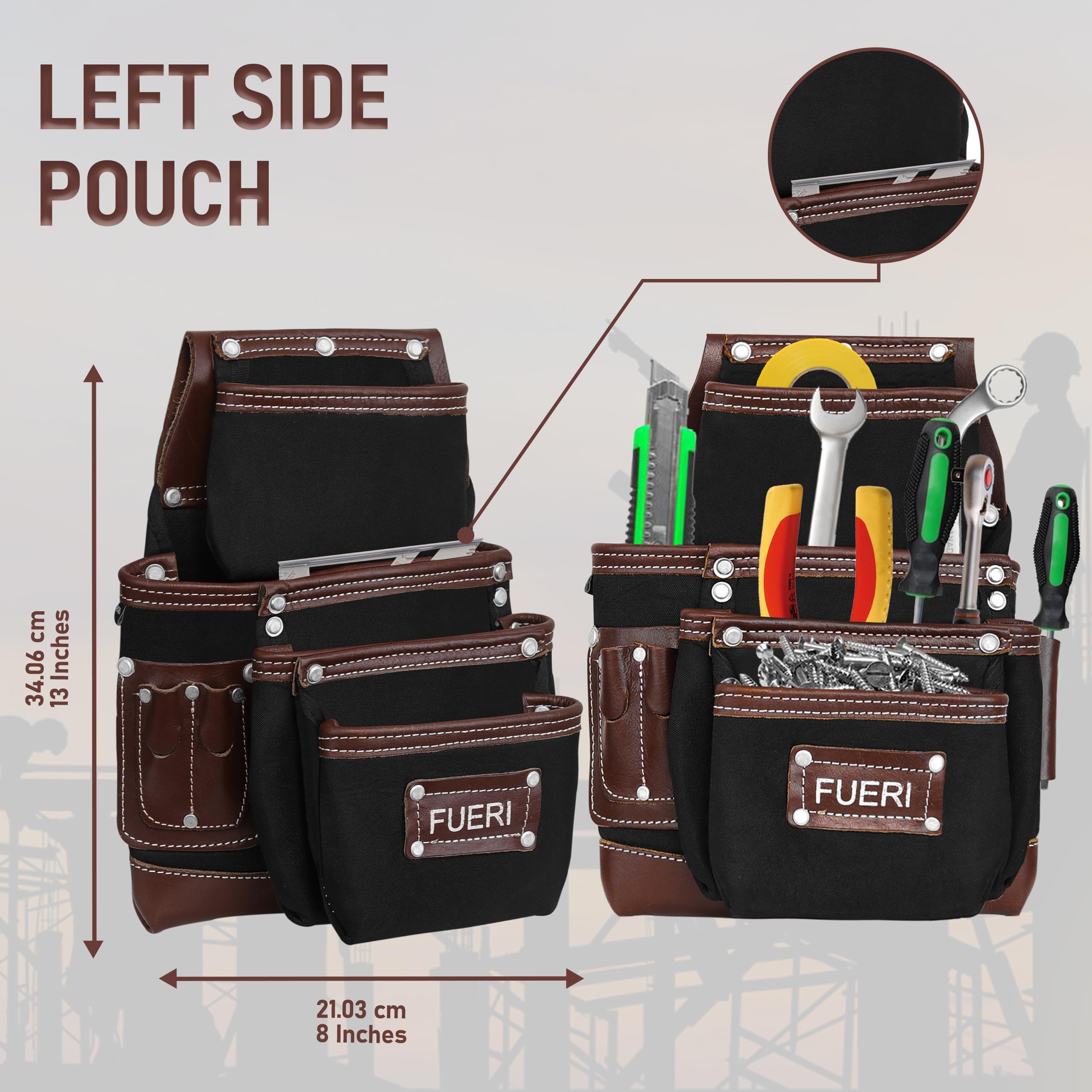 FUERI Heavy Duty Nylon & Leather Tool Belt for Men - Carpenter, Electrician, Construction Work Belt with Multiple Pouches & Organizer (Black/Brown) - Perfect for Framing, Renovation & DIY Projects
