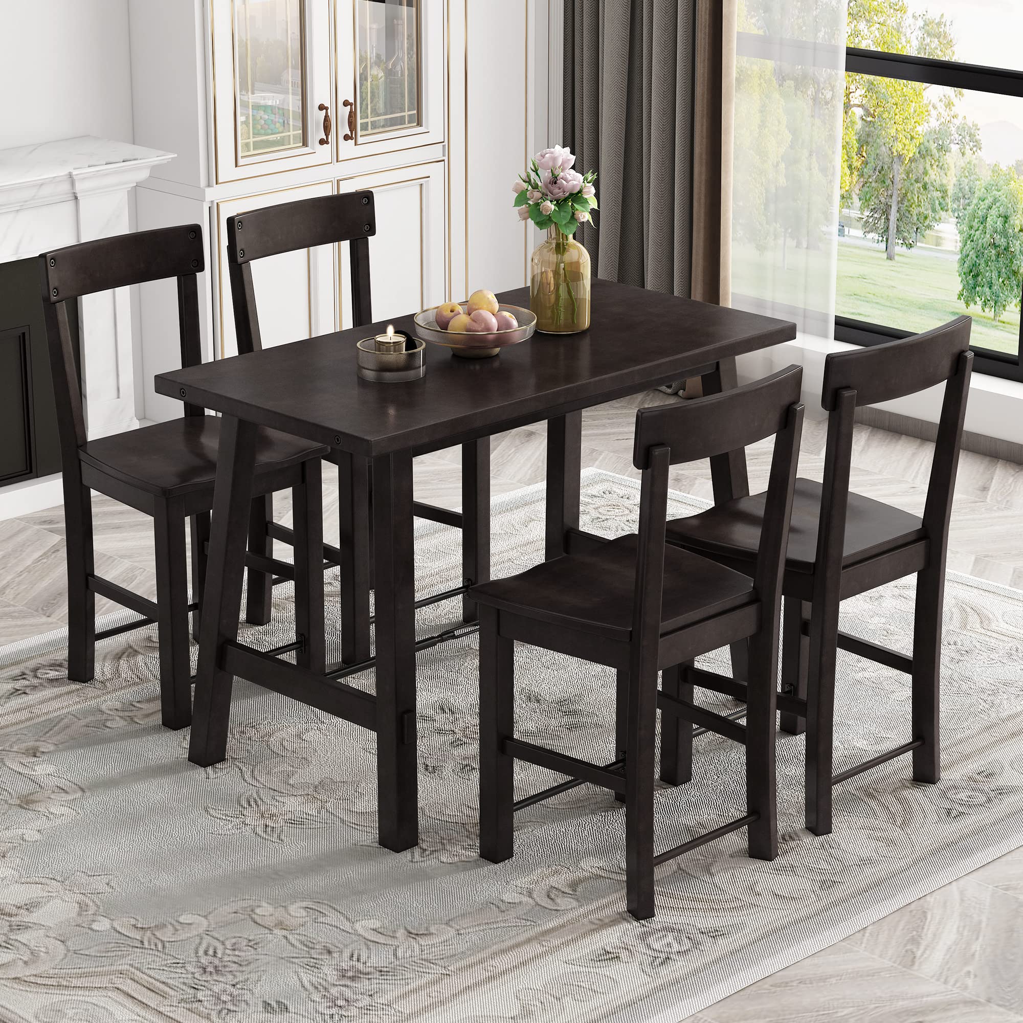 Farmhouse 5-Piece Counter Height Dining Set - Industrial Solid Wood & Metal Kitchen Table with 4 High Back Chairs - Space Saving Design (Espresso) - Perfect for Small Kitchens, Breakfast Nooks & Modern Farmhouse Dining Rooms
