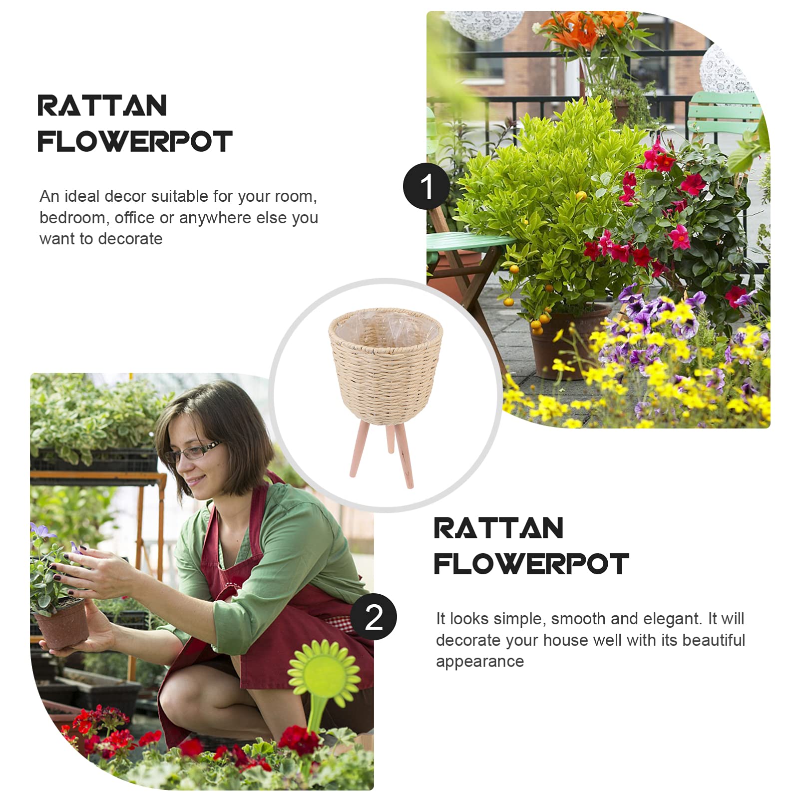 DOITOOL Modern Woven Rattan Plant Basket with Stand - Handmade Decorative Wicker Flower Pot Holder for Indoor & Outdoor Plants | Perfect for Living Room, Patio, Garden Decor