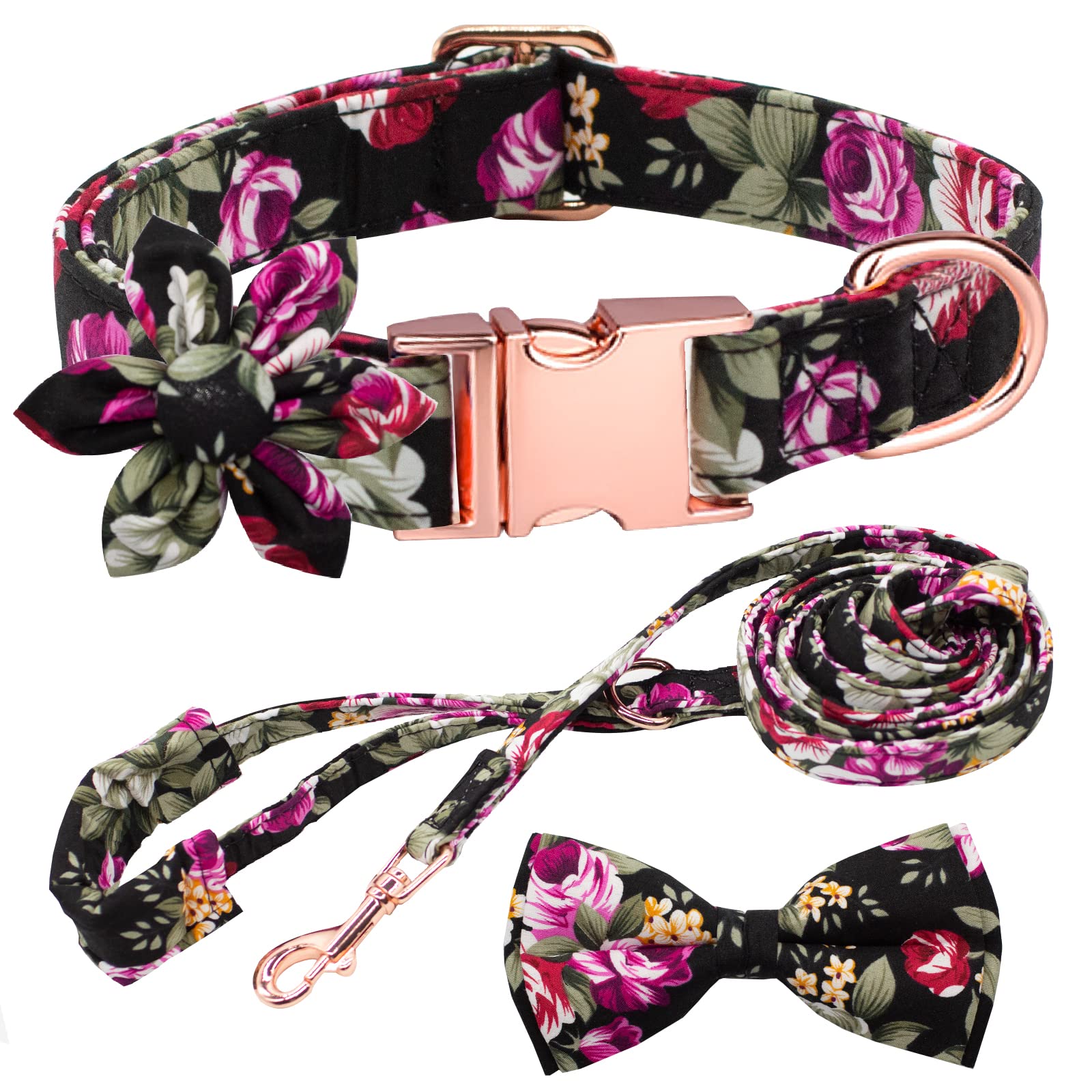 Flower Bow Tie Dog Collar and Leash Set with Metal Buckle - Adjustable Pet Collar for Small, Medium & Large Dogs - Perfect for Daily Walks, Training & Fashion Accessories