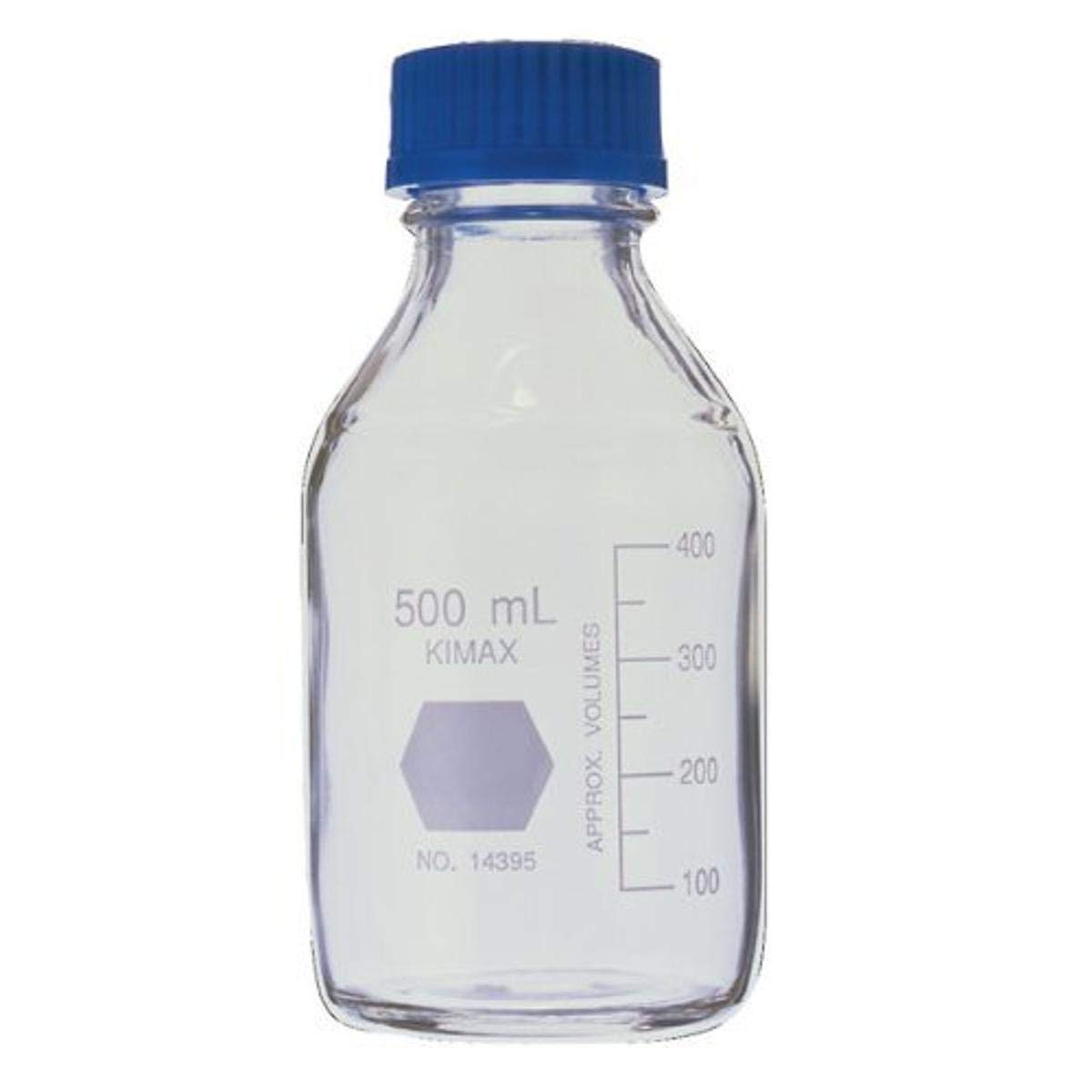 Kimble Chase KC14395-100 100mL Borosilicate Glass Media Bottle with Blue PP Cap - Plastic Safety Coated, GL 45 Graduated (4-Pack) - Ideal for Laboratory Storage, Chemical Solutions & Media Preparation