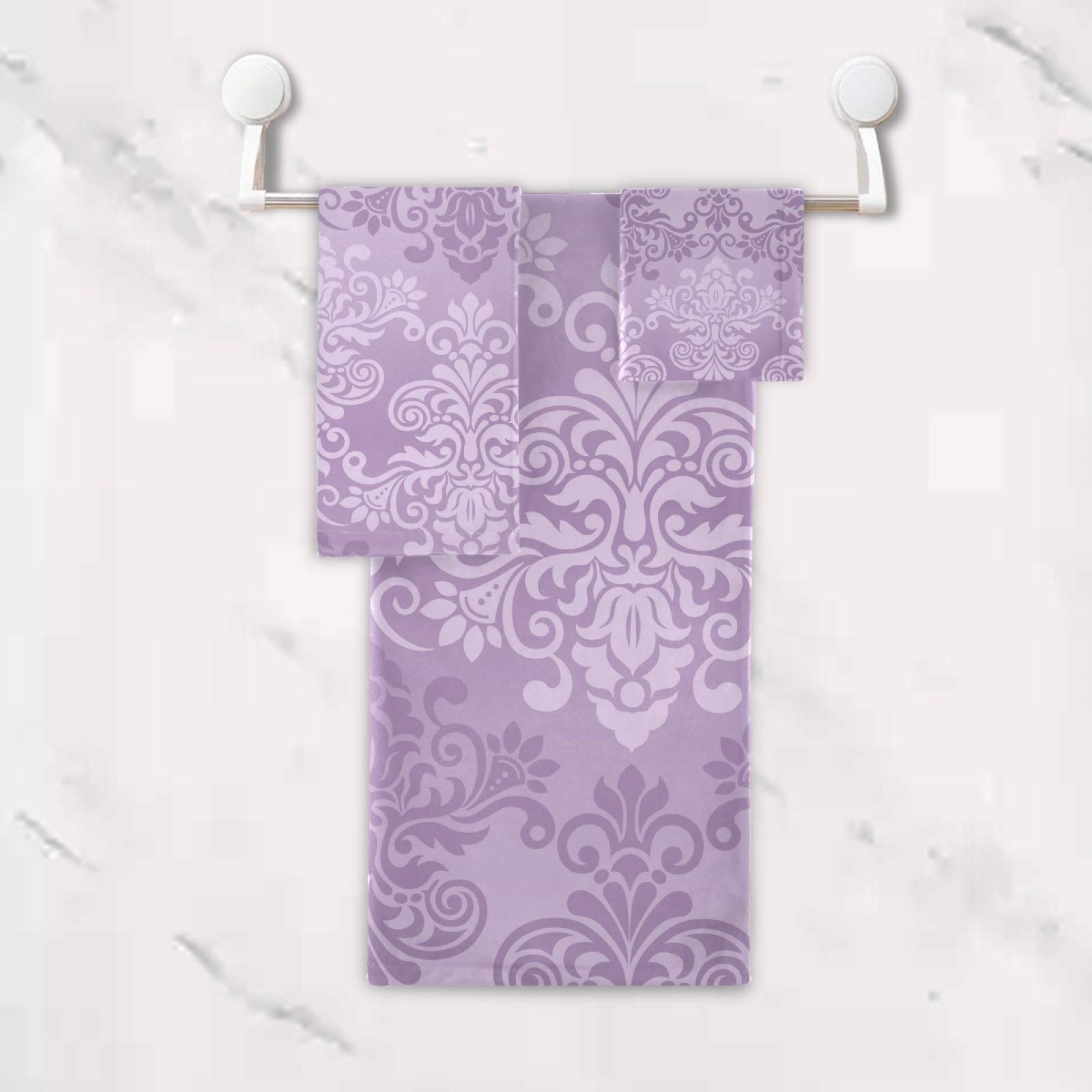 ALAZA 3-Piece Luxury Bath Towel Set - Soft, Highly Absorbent Purple Damask Floral Design (1 Bath Towel, 1 Hand Towel, 1 Washcloth) for Bathroom, Spa, Gym, Beach & Home Decor