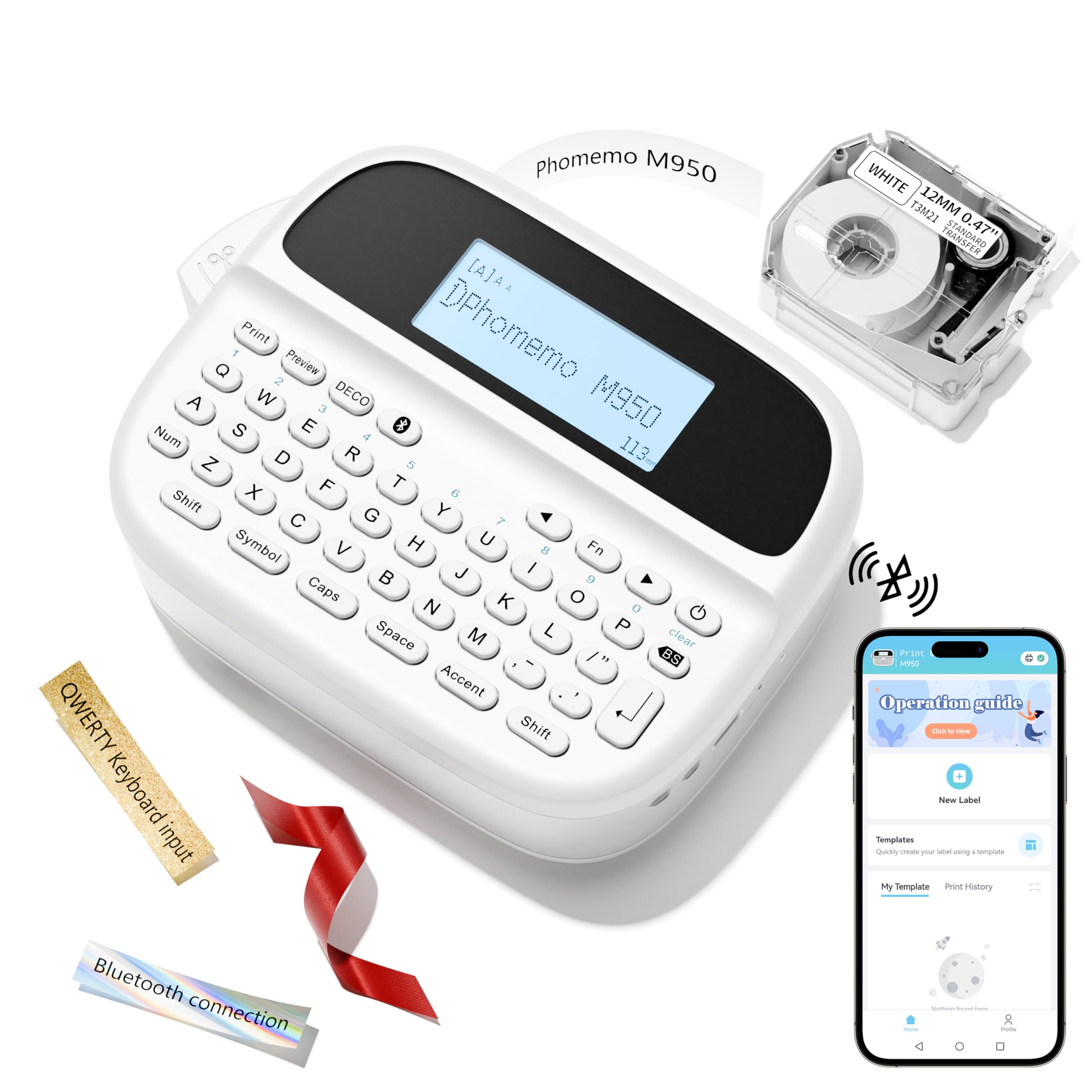 Phomemo M950 Bluetooth Label Maker - Rechargeable Handheld Label Printer with QWERTY Keyboard, 12mm Tape & Type-C Charger for Home, Office, School Organization - Perfect for File Labeling, Storage Bins & Gift Wrapping