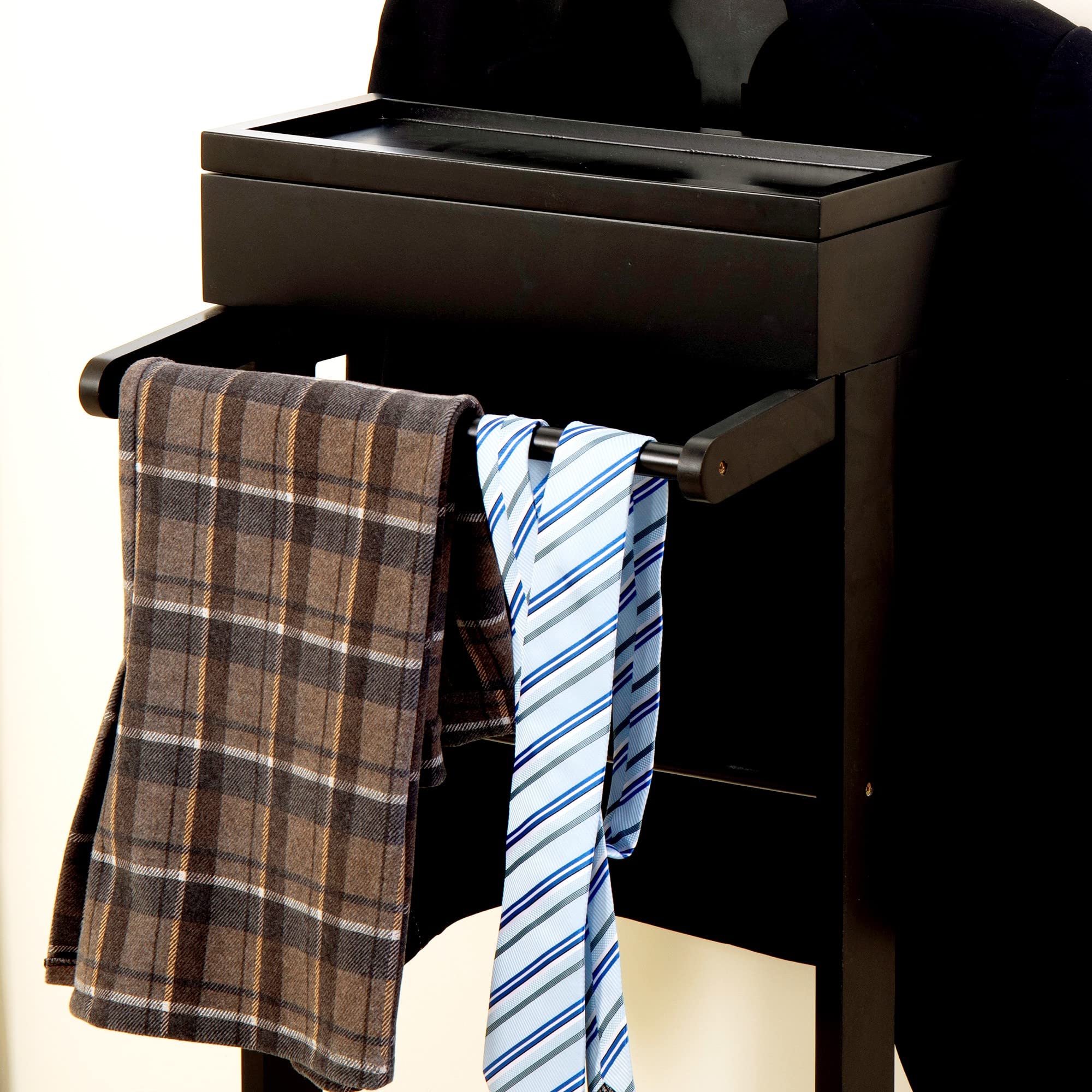 Black Wood Suit Valet Stand for Men - Father's Day Gift with Top Tray & Shoe Rack - 17