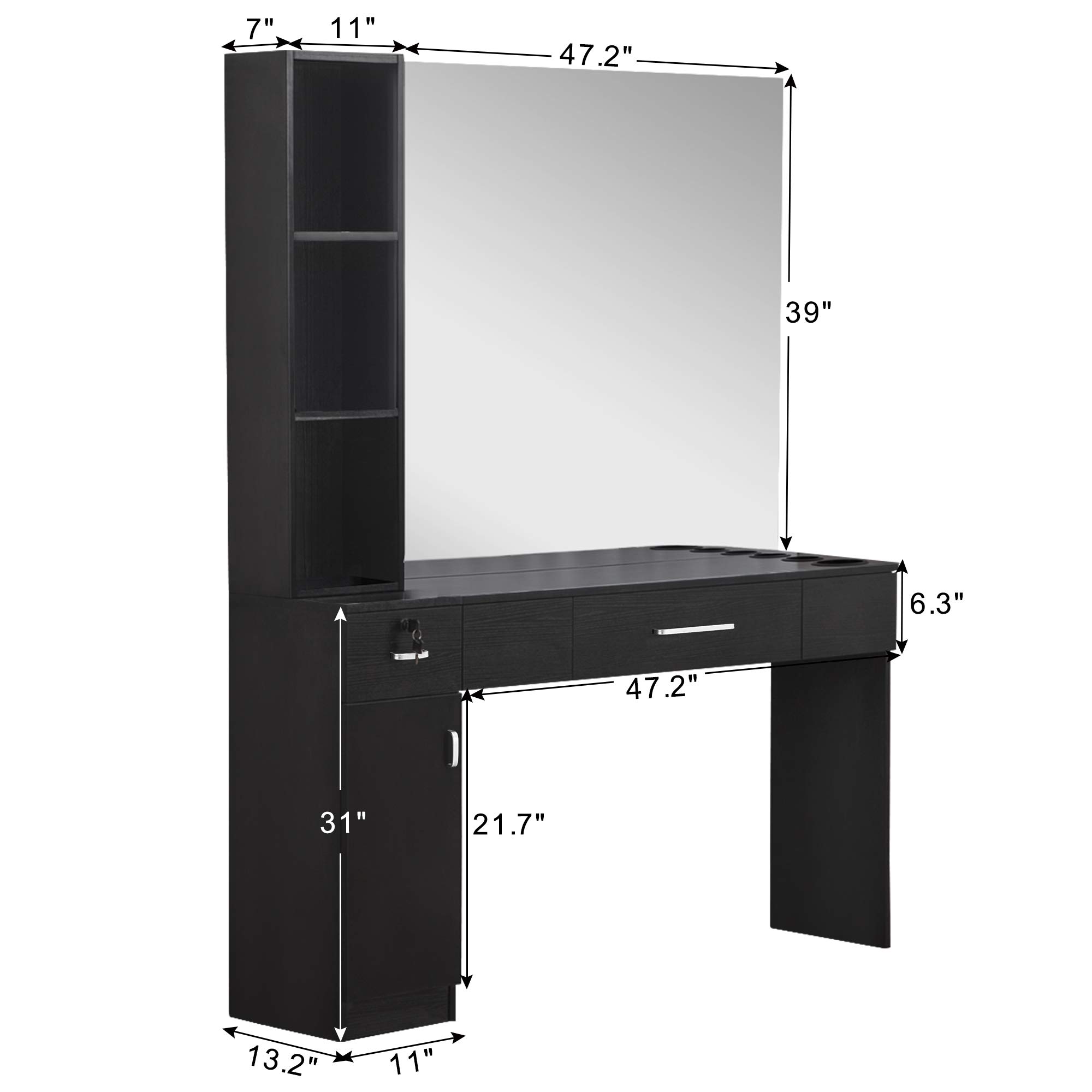 Professional Barber Salon Station with 3 Hair Dryer Holders - Wall Mounted Hair Styling & Beauty Spa Equipment Set with Mirror (Black, Model 3046) - Perfect for Barbershops, Salons & Home Styling Stations