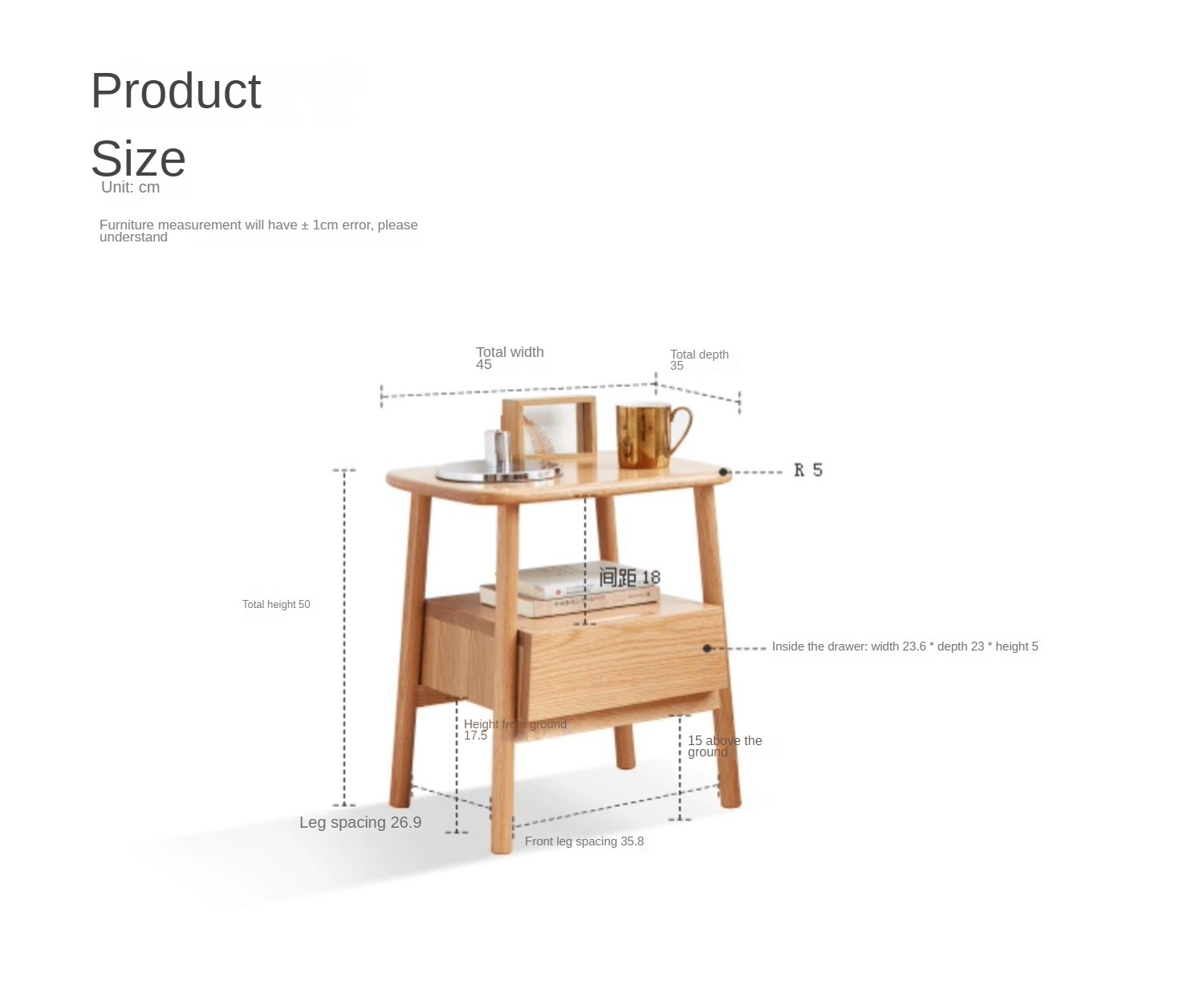 Solid Oak Wood Nightstand with Drawer - Modern Bedside Table for Small Spaces - Perfect for Bedrooms, Living Rooms, and Dorm Rooms