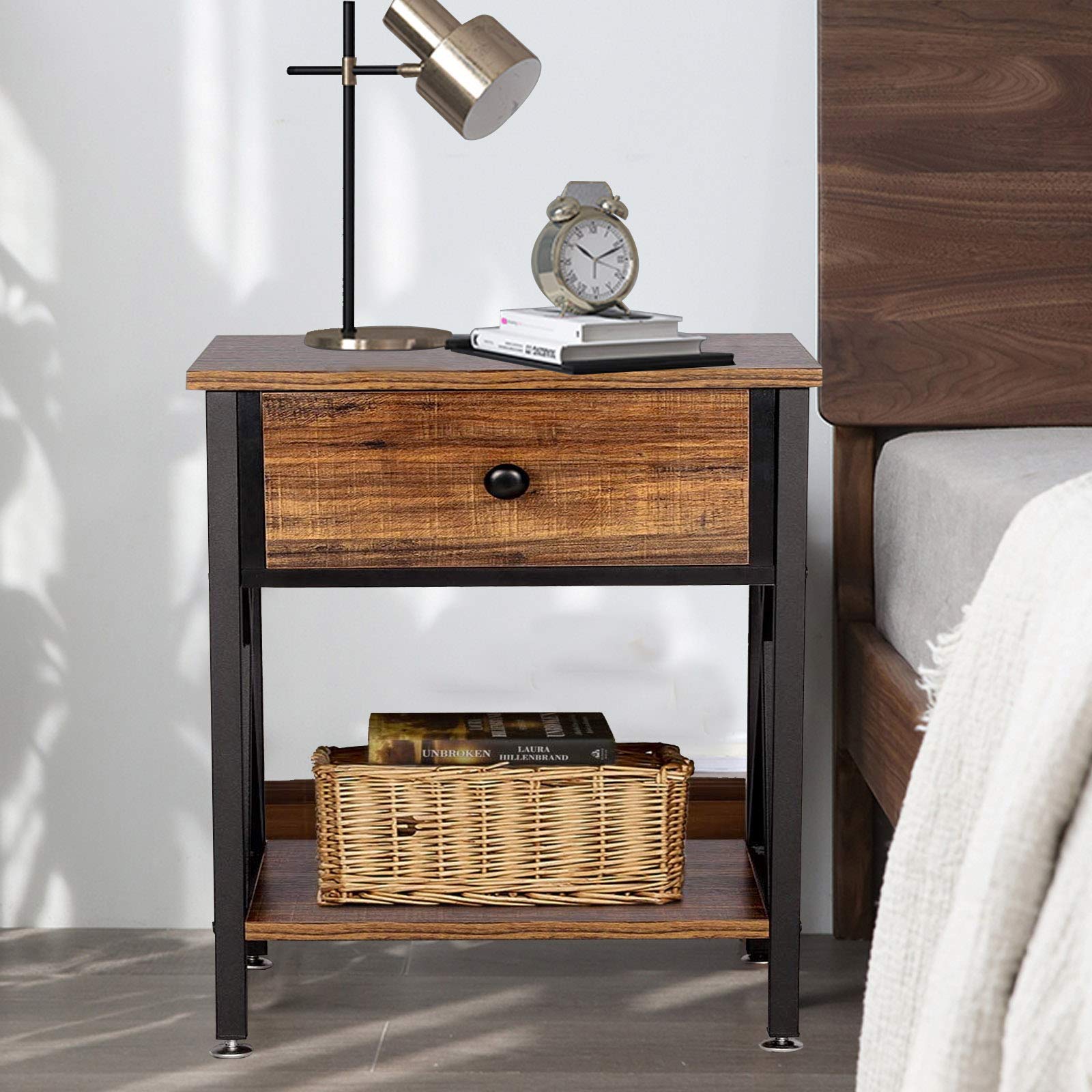 QCen Industrial Side End Table Nightstand with Drawer and Shelf - Rustic Brown Wood X-Design Bedside Storage - Easy Assembly Set of 2 for Bedroom, Living Room, Office & Dorm Decor
