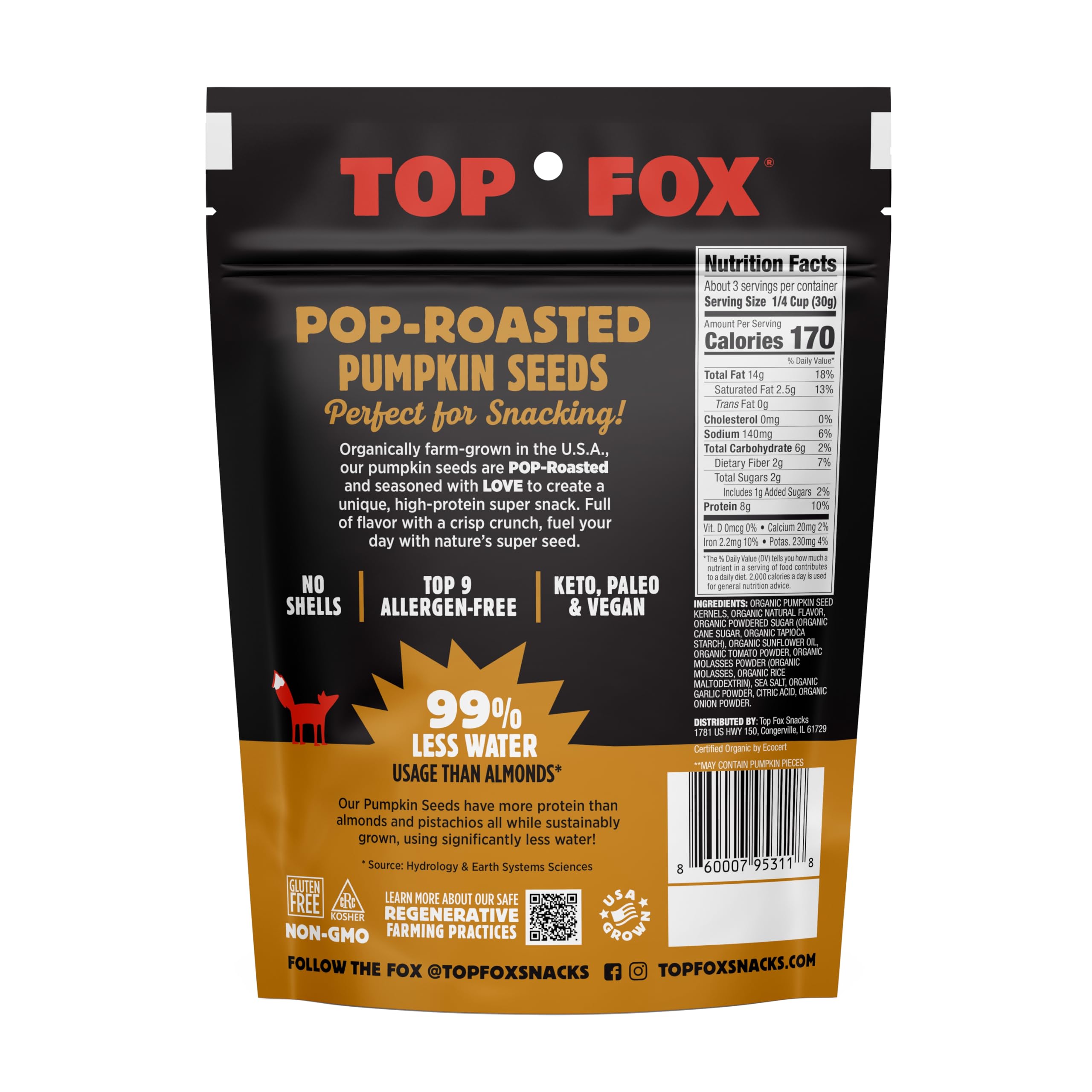 Organic Pop-Roasted Pumpkin Seeds by Top Fox Snacks - Healthy Protein Snacks, Gluten Free, Keto & Vegan Friendly (BBQ Flavor, 3.5oz - 6 Pack) - Perfect for On-the-Go Snacking, Workout Fuel & Healthy Lifestyle