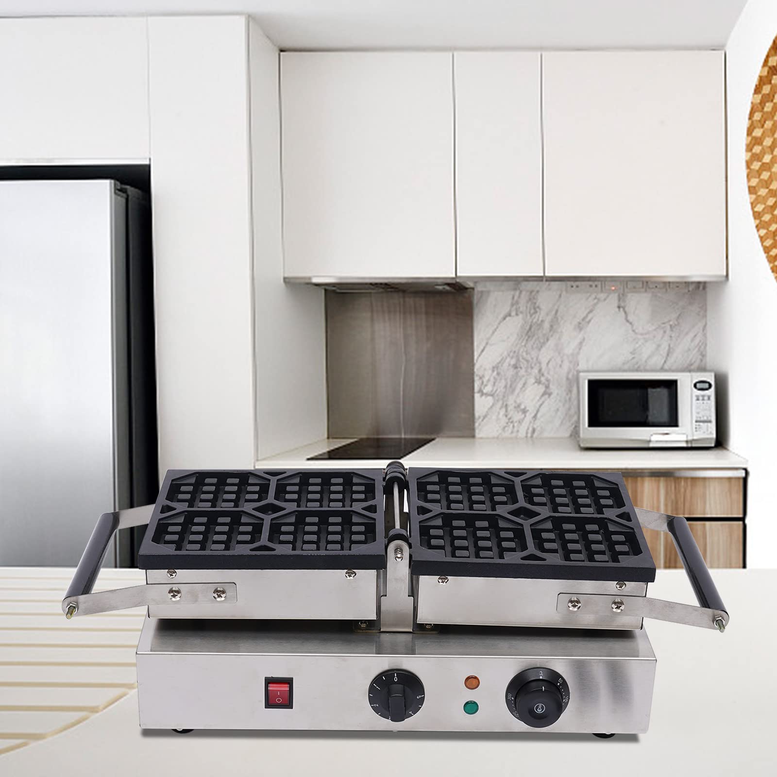 4 Pcs Commercial Waffle Maker 1600W - Nonstick Dual Heating Square Waffle Iron Machine with Anti-Overflow Edge & Preheat Indicator - Stainless Steel Mini Waffle Baker for Restaurants, Cafes, and Home Breakfast