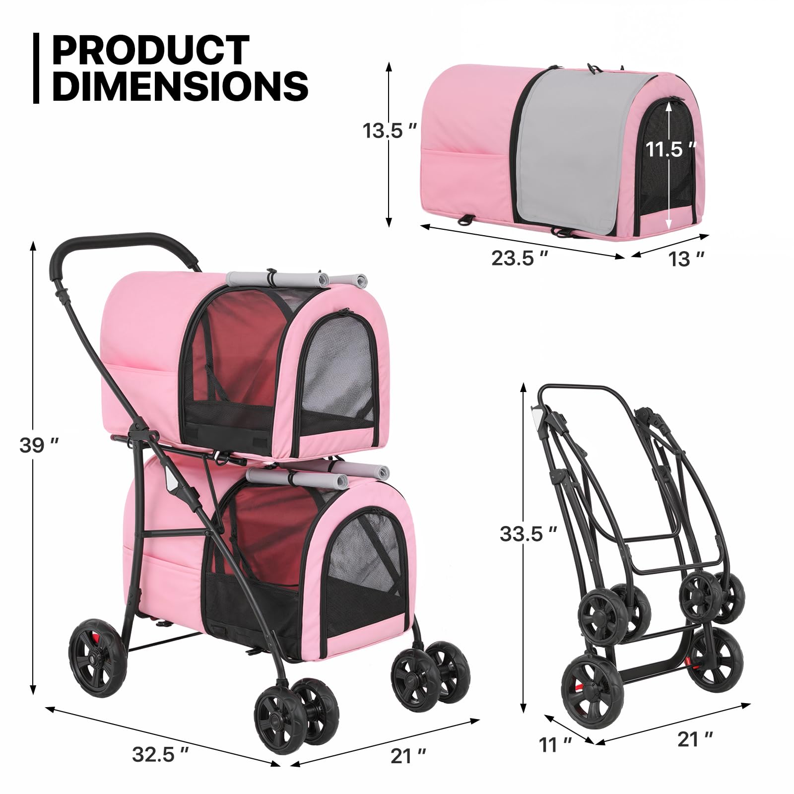 MoNiBloom Double Dog Stroller with Removable Carrier Bags - Large 4-Wheel Foldable Pet Jogger for Small & Medium Dogs & Cats (Pink/Gray) - Perfect for Park Walks, Vet Visits & Outdoor Adventures