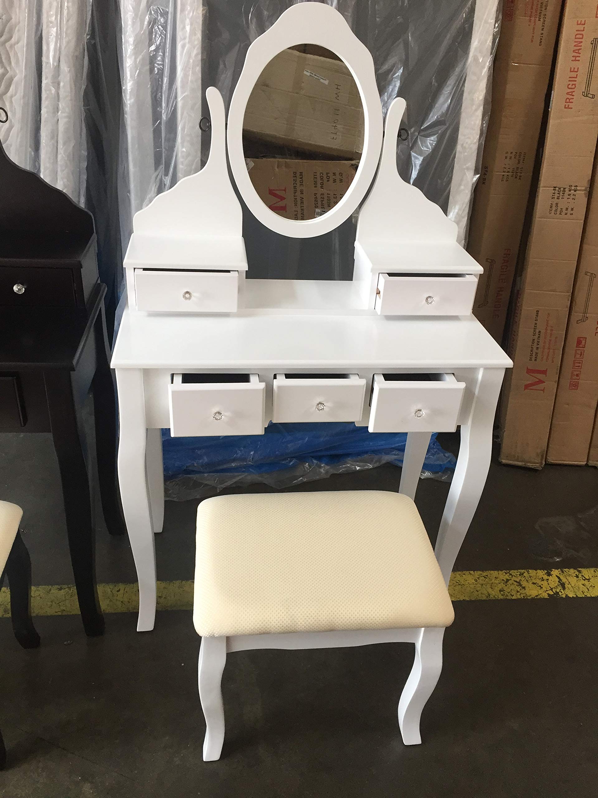 White Wood Makeup Vanity Table Set with Mirror & Stool - Elegant Dressing Table for Bedroom, Bathroom & Salon (Perfect for Makeup, Skincare & Hair Styling)