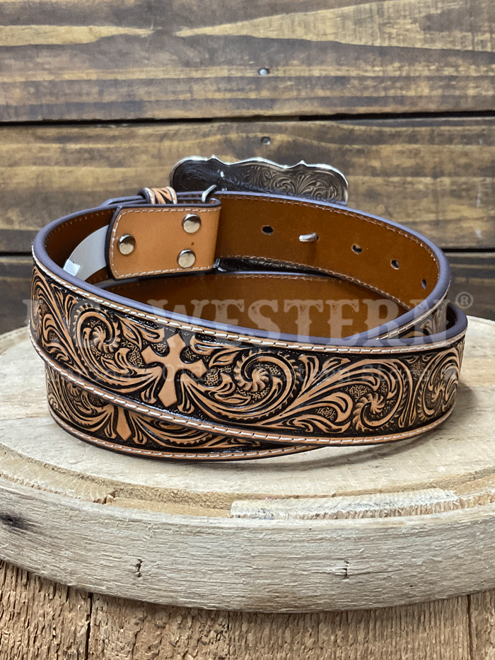 Nocona Women's Embossed Cross Leather Belt - Natural Brown Western Style Belt for Cowgirl Fashion & Everyday Wear