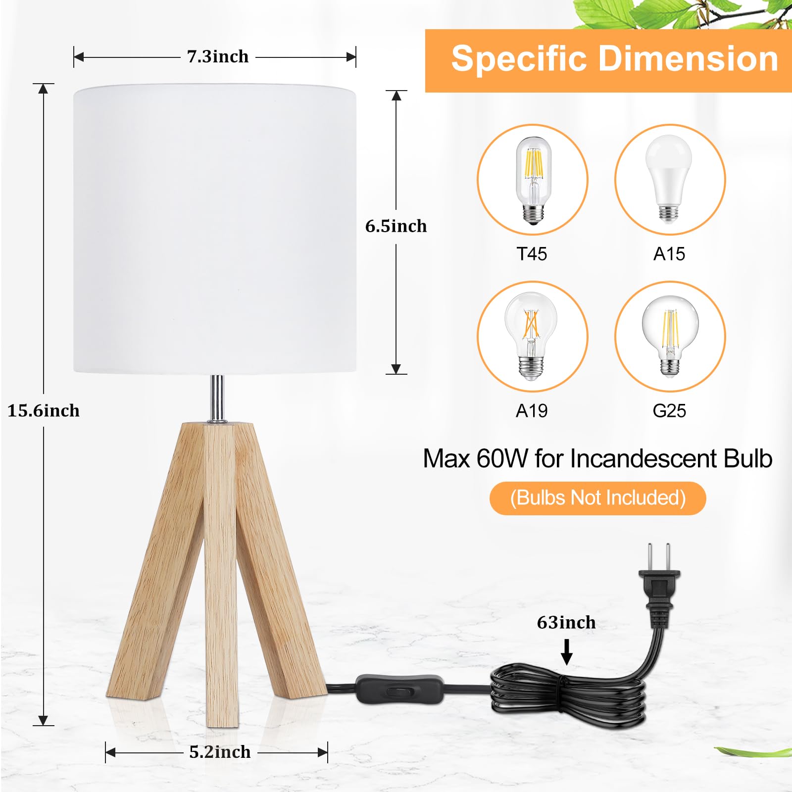 Small Wood Tripod Table Lamp with White Fabric Shade - Minimalist Boho Nightstand Lamp for Bedroom, Living Room, Nursery, Kids Room, Office & Dorm - Perfect for Reading, Relaxing & Decorating