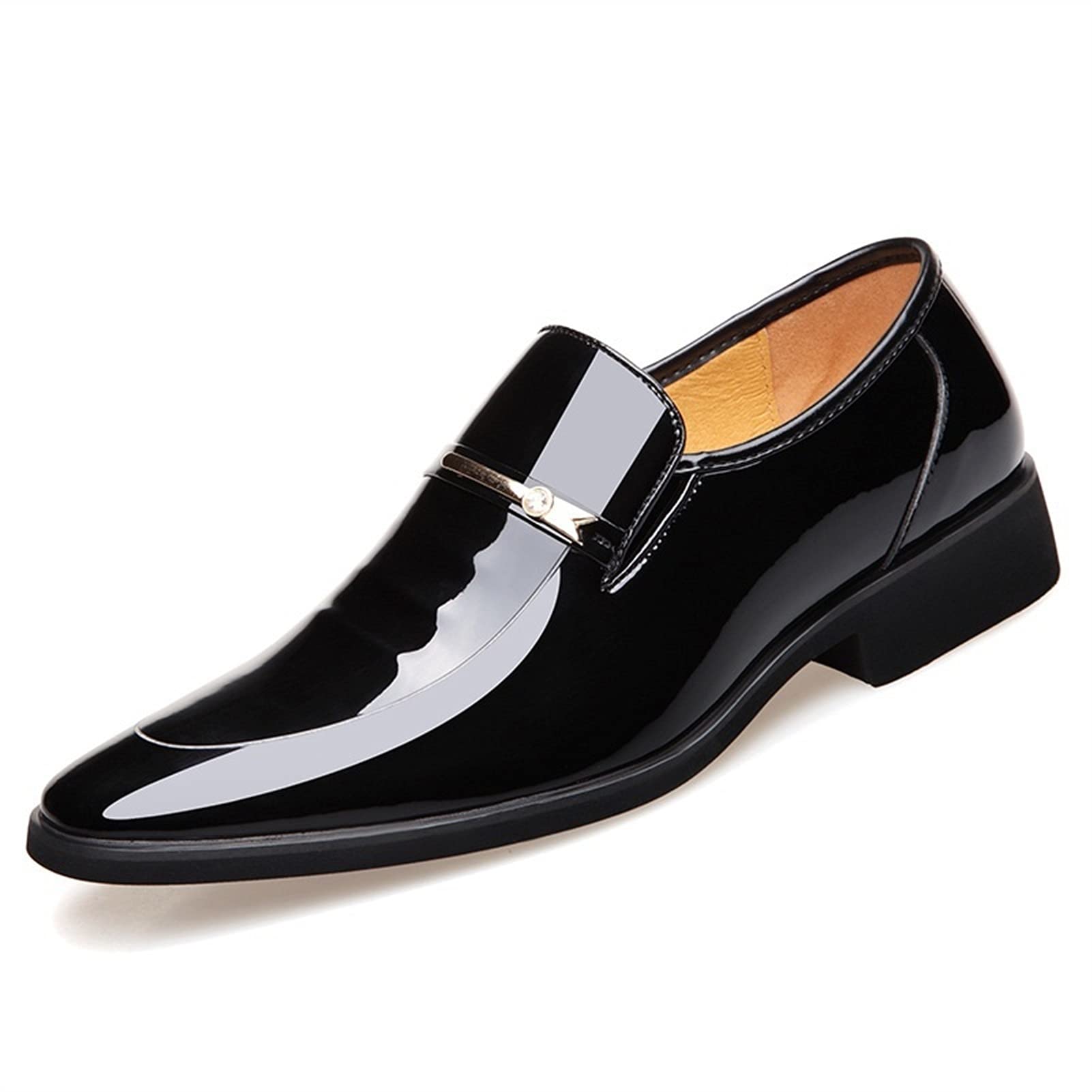 Men's Formal Low Top Business Oxford Shoes - Patent Slip On Dress Shoes with Metal Decor | Vegan Leather Pointed Toe Block Heel Loafers | Perfect for Office, Wedding & Business Events