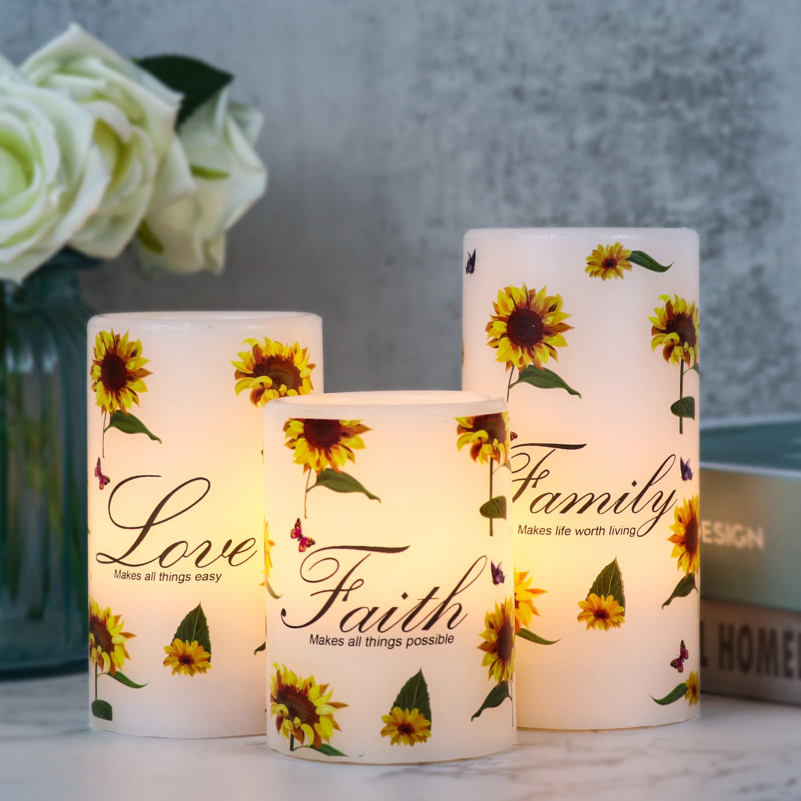 Wondise Flameless LED Pillar Candles with Timer - Set of 3 Real Wax Sunflower Design Battery Operated Candles for Home Decor, Wedding Centerpieces & Romantic Ambiance