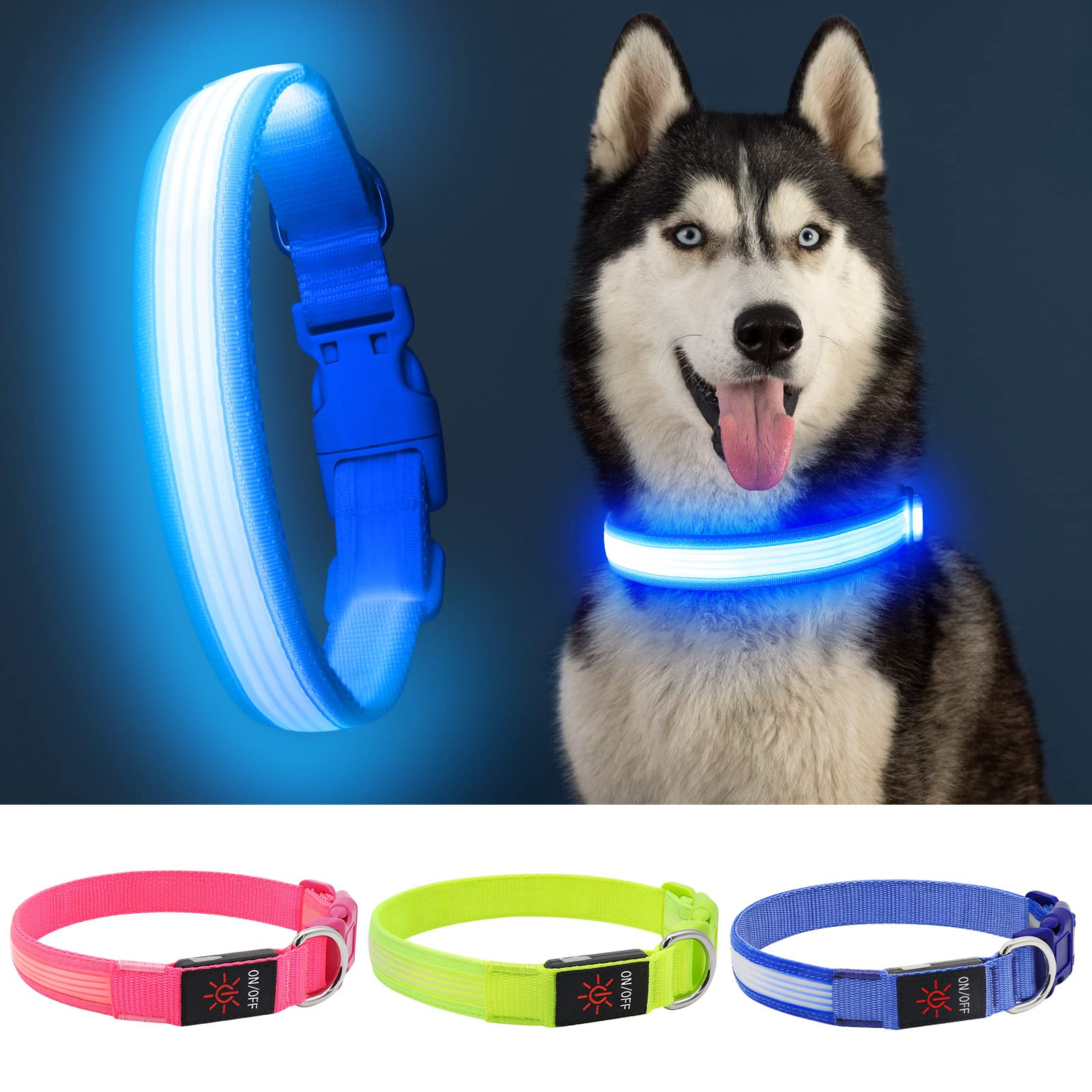 YFbrite USB Rechargeable LED Dog Collar - Super Bright Adjustable Glowing Collar for Night Walking, Safety & Visibility | Blue Medium Size | Perfect for Evening Walks, Jogging & Outdoor Adventures