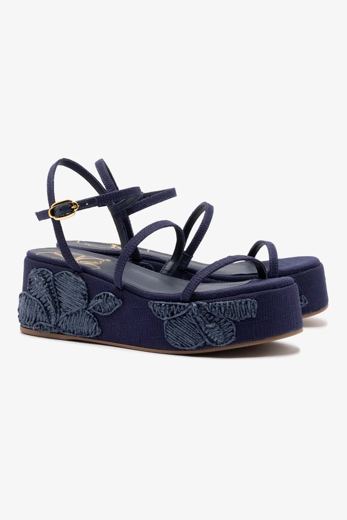 Gio Flatform Sandals for Women - Navy Blue Raffia with Hibiscus Embroidery | Comfortable Summer Beach Shoes | Perfect for Vacation, Poolside, and Casual Outings