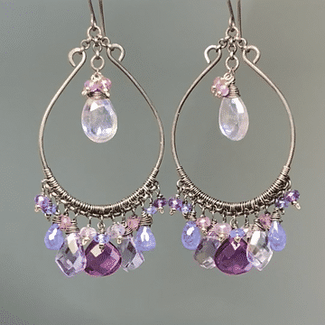 Blue Violet Statement Chandelier Hoop Earrings in Oxidized Silver - Elegant Dangle Earrings for Women, Perfect for Parties, Weddings & Special Occasions