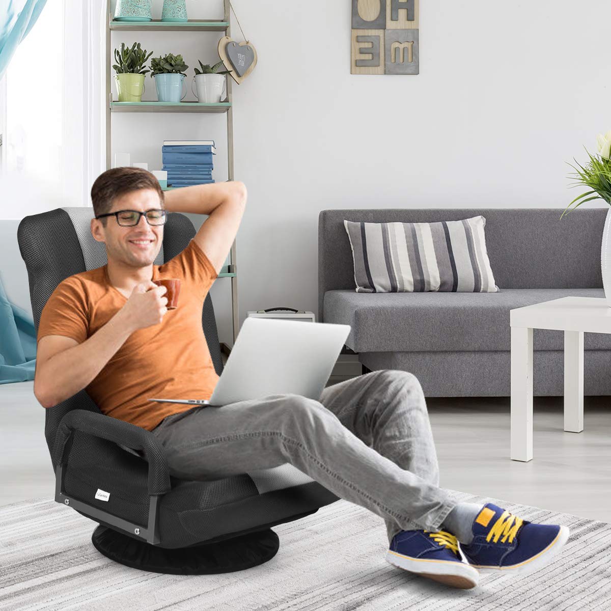 GOFLAME 360 Degree Swivel Gaming Floor Chair - Adjustable 6-Position Backrest & Armrest, Ergonomic Folding Lounge Chair for Adults - Perfect for TV Watching, Reading, Video Games & Small Space Living (Black/Grey)