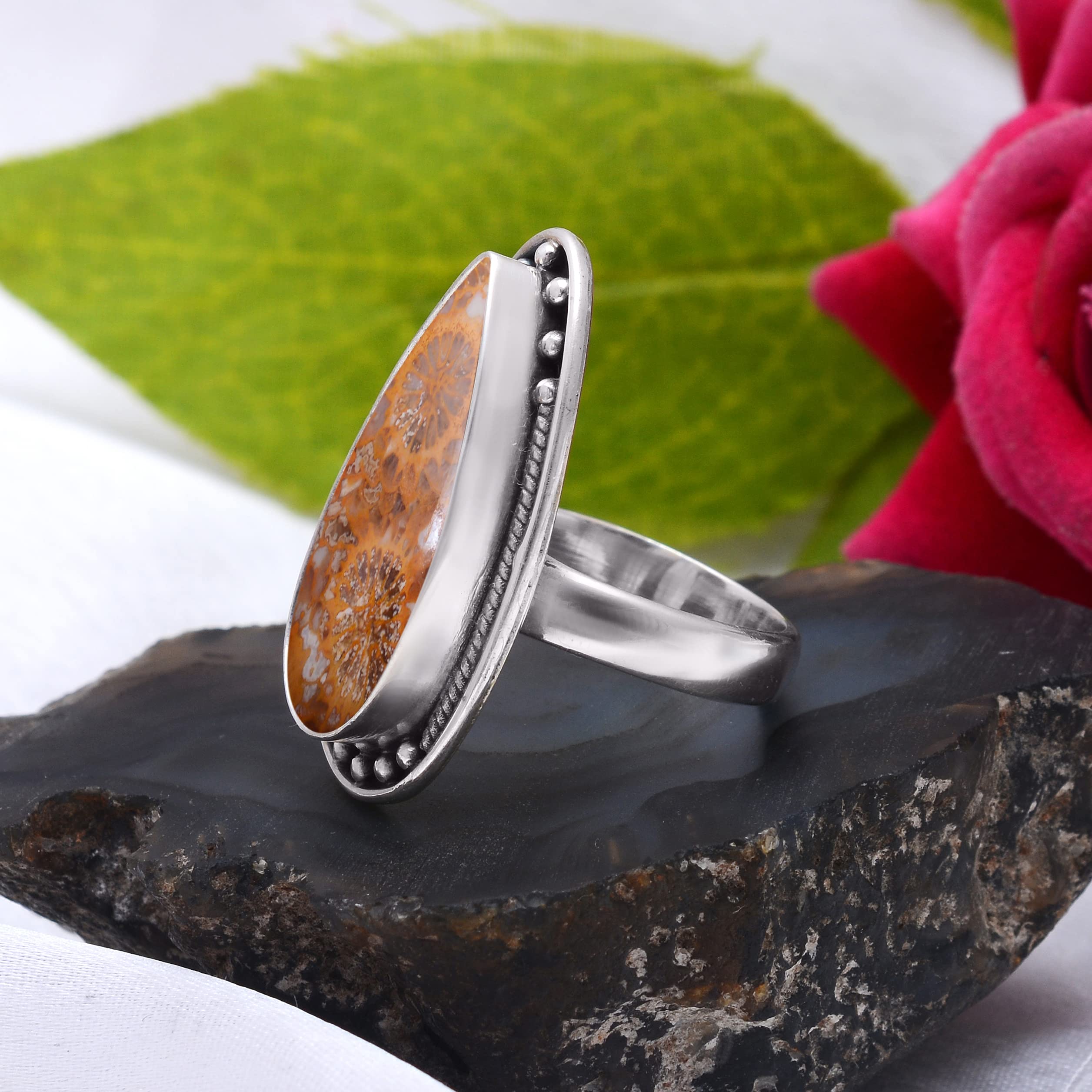 Veracity Jewelry 925 Sterling Silver Fossil Coral Jasper Ring for Women - Healing Meditation Gemstone Jewelry - Yellow Orange Jasper Stone Ring (VSR-211) - Perfect for Spiritual Healing, Yoga Practice & Everyday Elegance