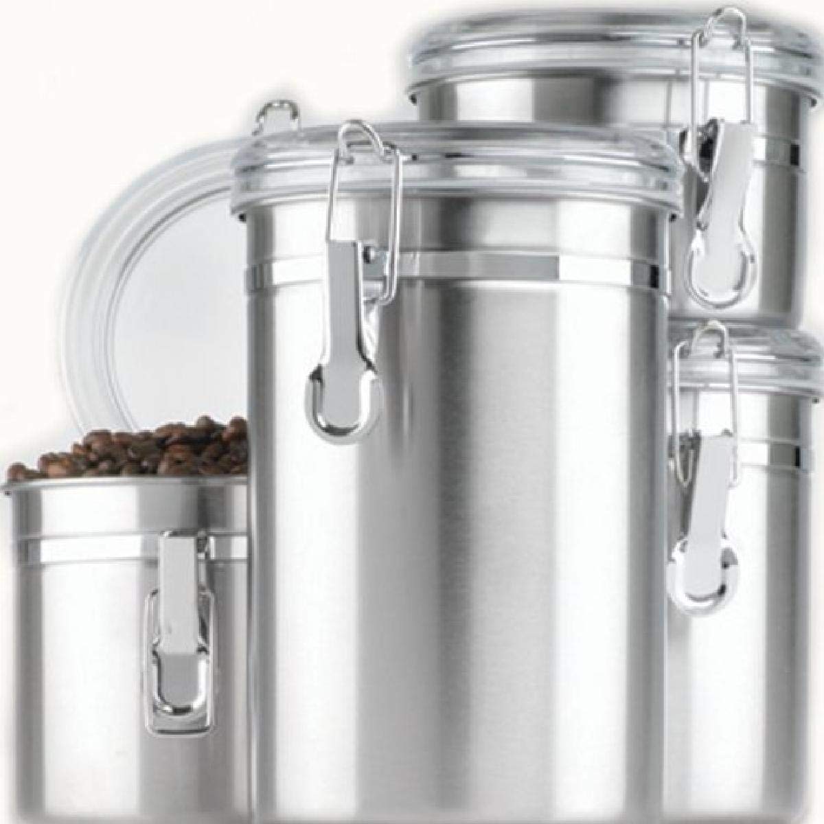 Anchor Hocking 4-Piece Stainless Steel Canister Set with Clear Acrylic Lid & Locking Clamp - Airtight Food Storage for Flour, Sugar, Coffee & Dry Goods - Perfect for Kitchen Pantry Organization & Countertop Display