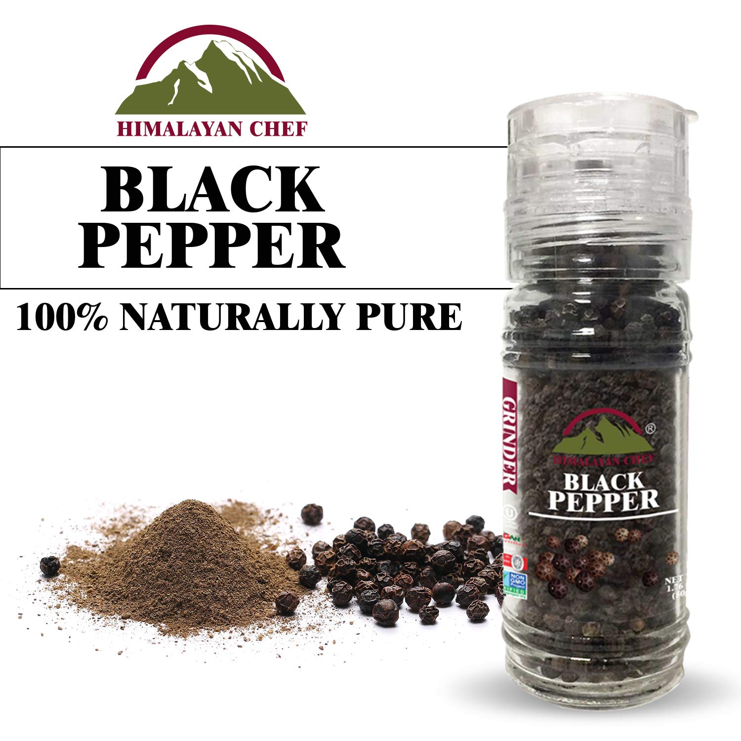 Premium Himalayan Chef Black Pepper Grinder - 1.76 oz (50g) Coarse Ground Spice for Cooking, Grilling & Seasoning - Ideal for Steak, Salad & Pasta Dishes