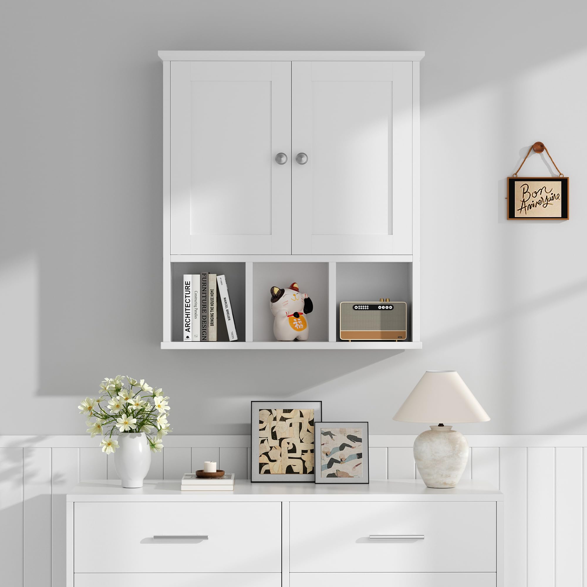 Shintenchi White Bathroom Wall Cabinet with Door - Over The Toilet Storage Organizer with Adjustable Shelves & Open Shelf - Perfect for Small Bathroom Organization, Medicine Storage & Bathroom Decor