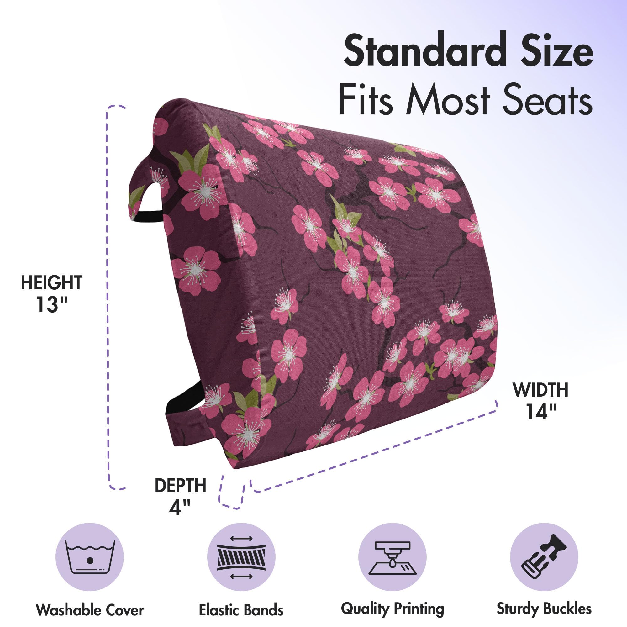 Ambesonne Cherry Blossom Lumbar Support Pillow - High Density Foam for Office Chairs & Car Seats - 14x13 Inch - Plum Pink & Green - Perfect for Back Pain Relief, Home Office & Long Drives