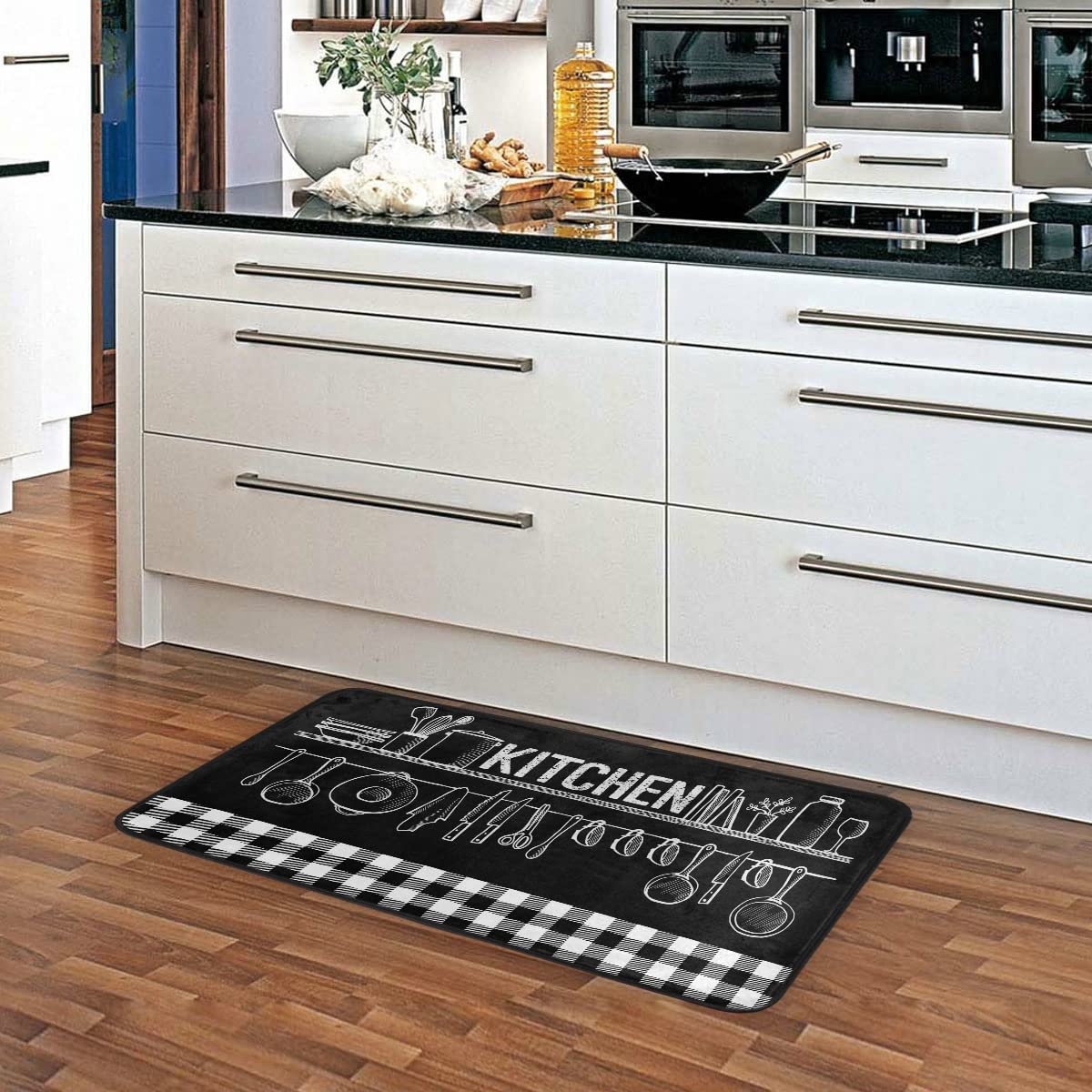Buffalo Plaid Black Kitchen Rug - Washable Anti-Fatigue Floor Mat with Non-Slip Backing for Kitchen, Dining Room & Entryway - Soft Comfort Cushion for Standing & Cooking