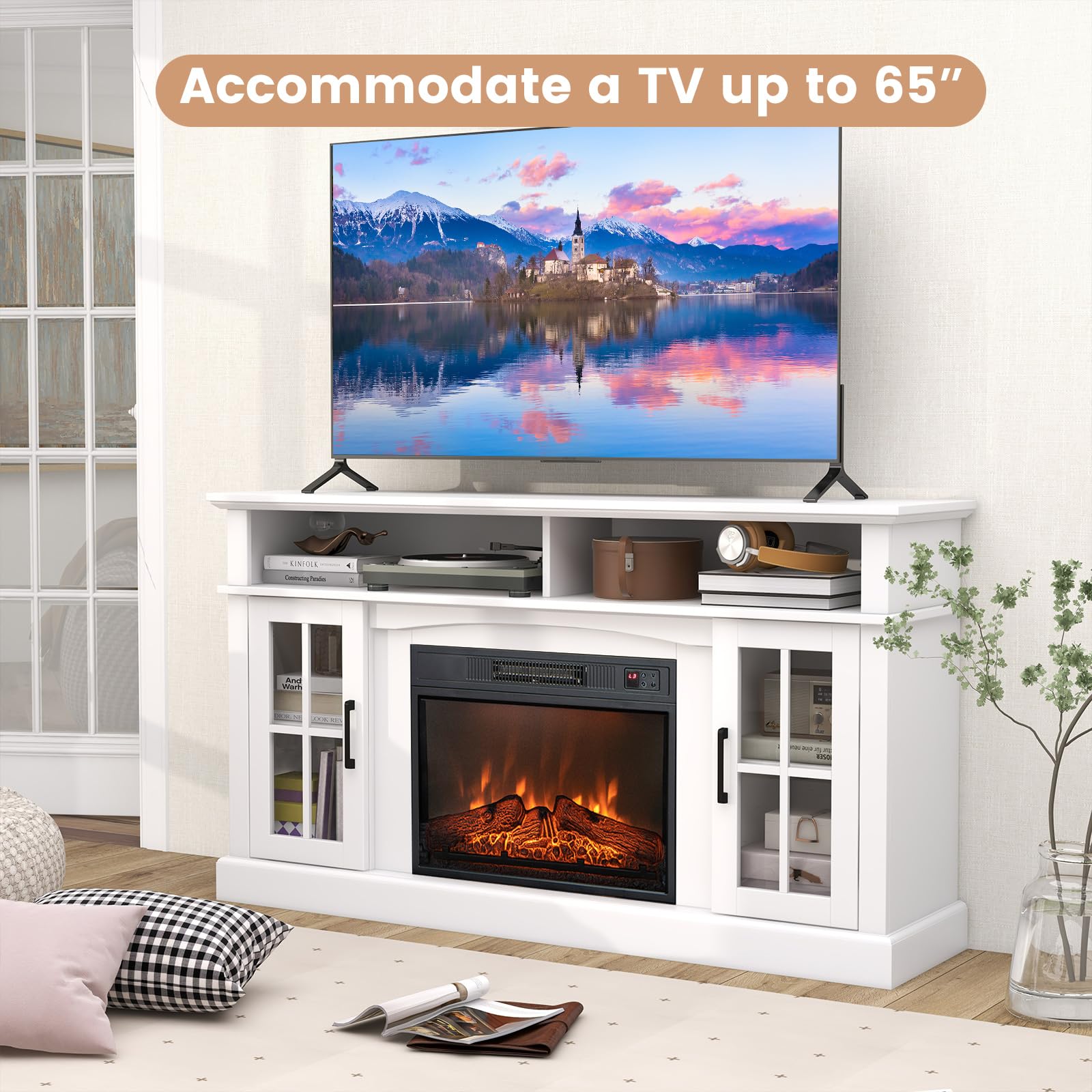 Tangkula 65 Inch Electric Fireplace TV Stand with Remote Control - Overheat Protection, 3-Level Adjustable Brightness, 23