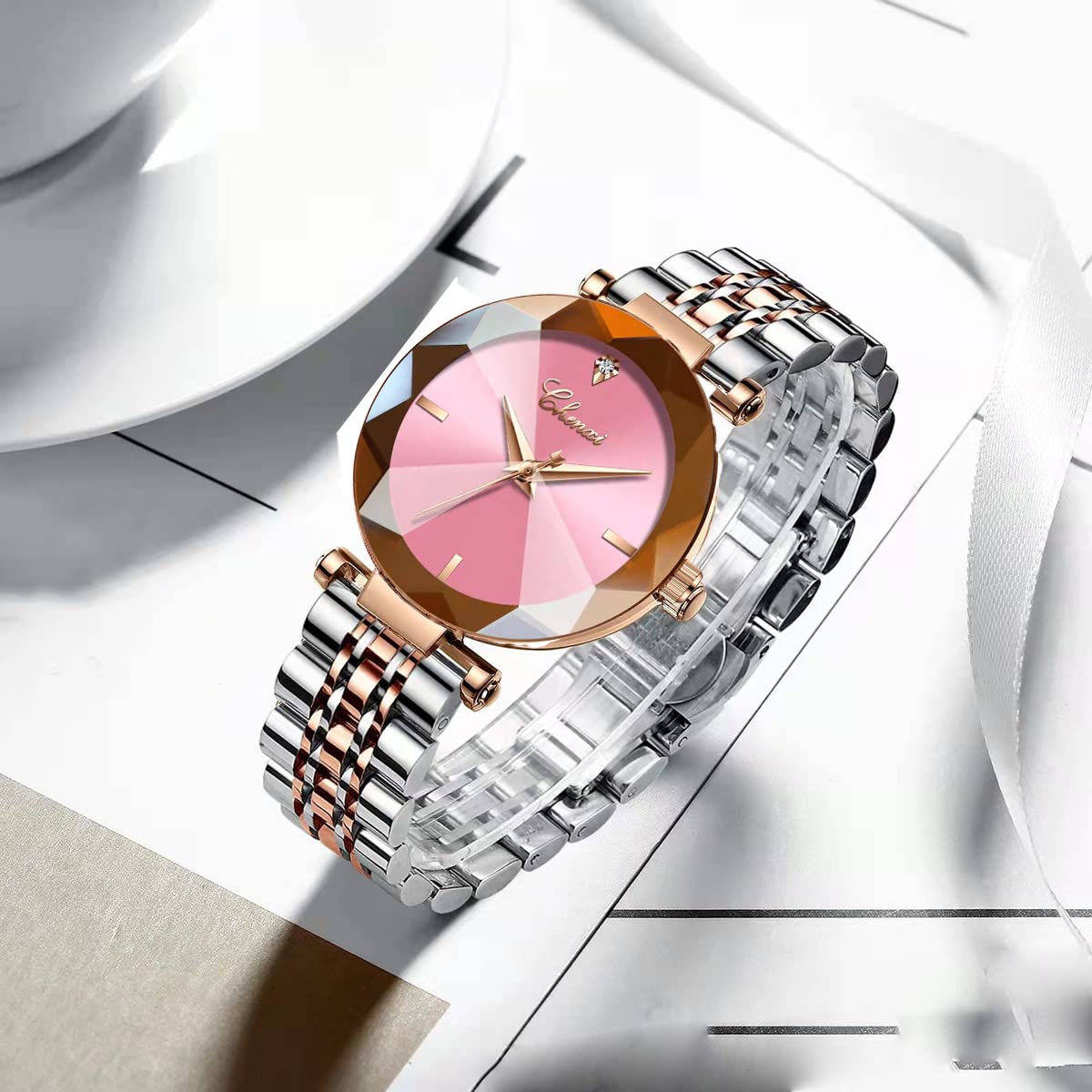BestKANG Women's Analog Quartz Watch - 3D Fashion Dial & Rose Gold Mesh Strap - Elegant Ladies Wristwatch (Pink) | Perfect for Office, Party & Everyday Wear
