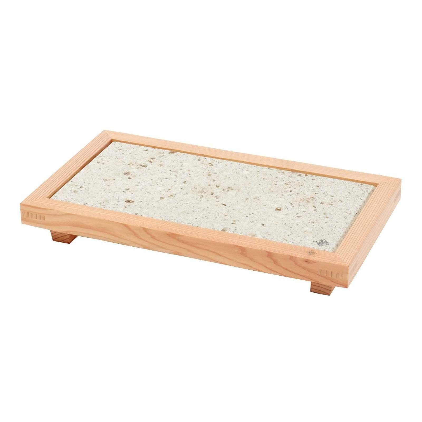 Miranda Style Omoeraku Japanese Cedar Wood Frame Large Oya Stone Plate - Elegant Serving Tray for Sushi, Tea Ceremony & Home Decor