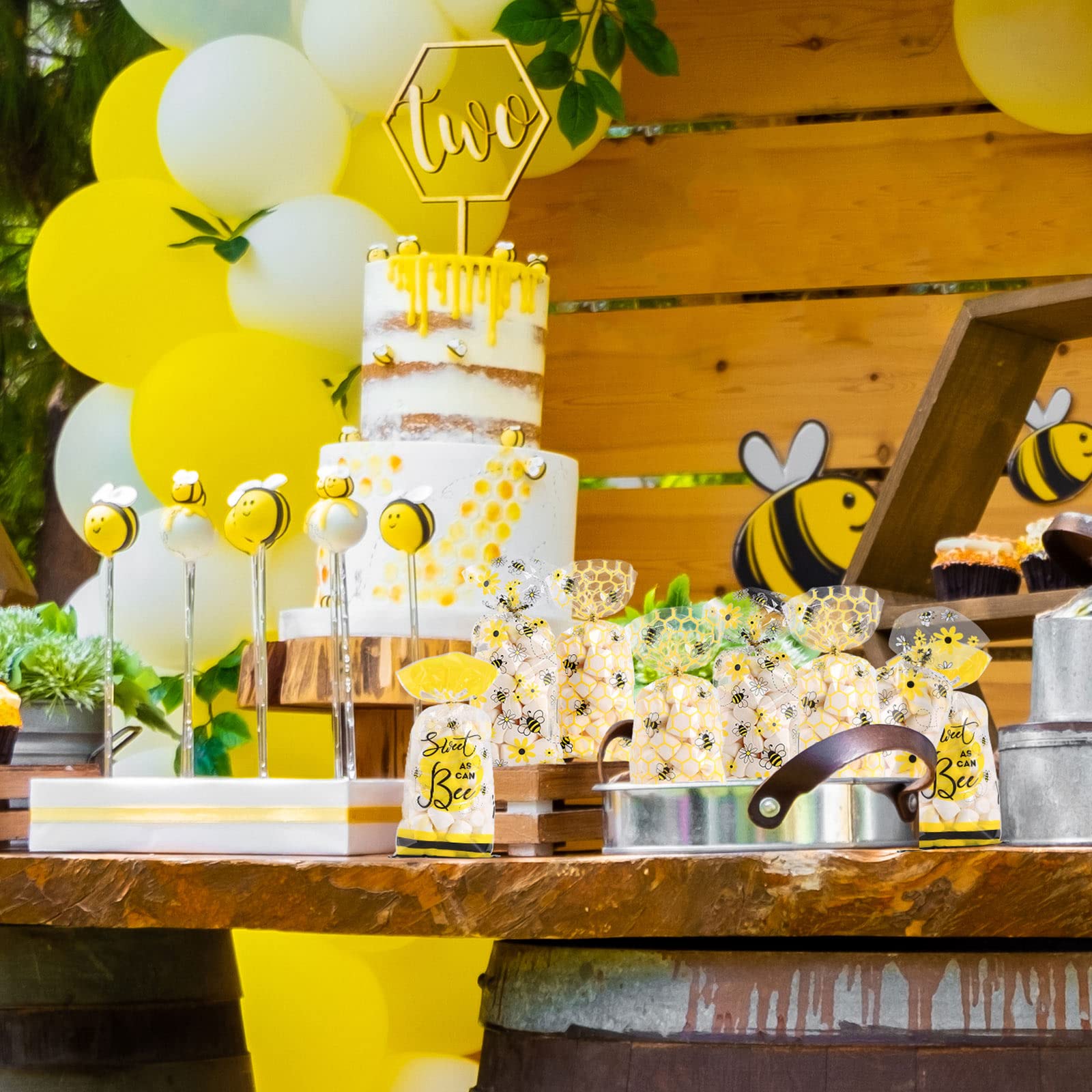 Whaline 150Pcs Spring Bee Party Favor Bags - 3 Adorable Honey Bee Design Cellophane Treat Bags with Gold Twist Ties for Candy, Goodies & Party Supplies | Perfect for Birthday Celebrations, Baby Showers & Spring Themed Events
