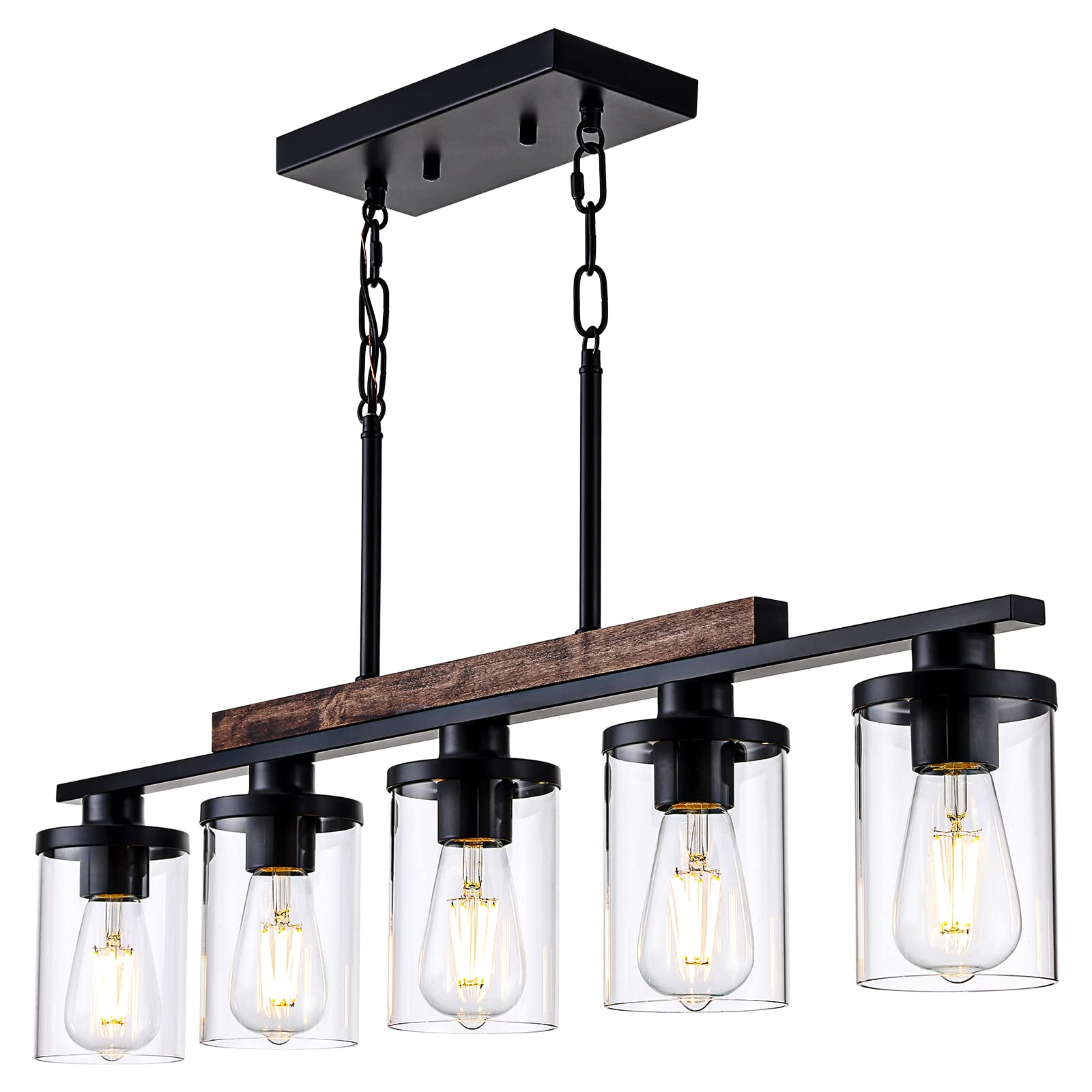 Farmhouse Kitchen Island Light Fixture - 5-Light Matte Black Rustic Wood Ceiling Pendant Chandelier with Clear Glass Shade for Dining Room, Kitchen, Breakfast Nook & Bar Counter Lighting