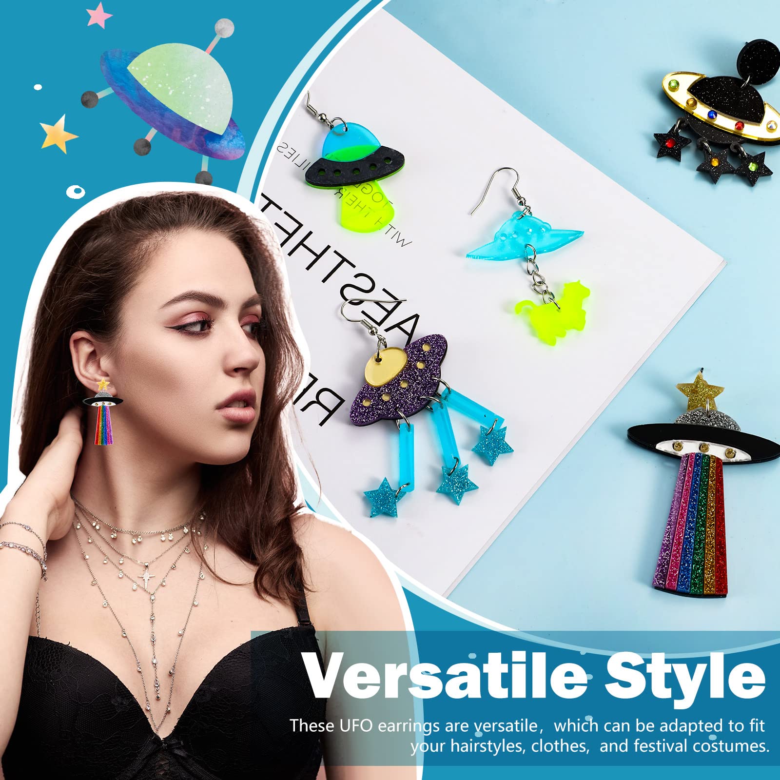 Yinkin 5 Pairs UFO Alien Space Themed Acrylic Planet Earrings for Women - Funky Novelty Dangle Earrings for Halloween Costume, Cosplay, and Unique Fashion Accessories