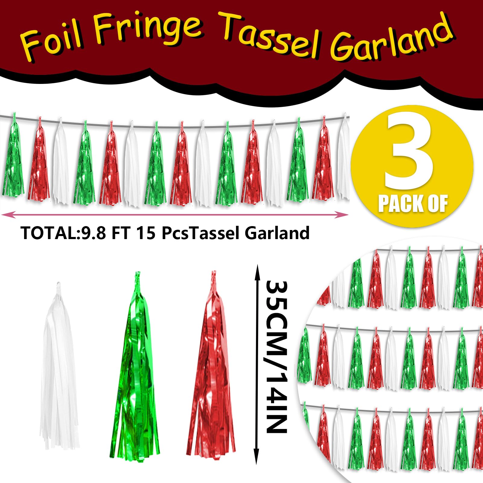 3P Red Green White Foil Fringe Metallic Tassel Streamers - Party Decorations for Parade Floats, Graduation, Wedding, Birthday, Halloween, Christmas & Mexican Italian Themed Parties | Perfect for Ceiling, Wall & Table Decor